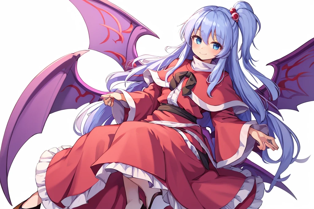 a digital drawing of a fairy looking girl wearing a pink dress with blue hair, masterpiece, best quality, shinki (touhou), 1girl, solo, 10 years old, one side up, hair ornament, hair bobbles, long hair, side ponytail, blue hair, blue eyes, smile, bangs, red dress, pink sweater, Turtleneck Sweater, long sleeves, capelet, long maxi-skirt, very long skirt, wrap skirt, loafers, wings, multiple wings, purple wings, six purple wings red markings, white hair, long white hair, and wears red robes, Shinki \(touhou\), black bowtie, looking at viewer, white background, simple background