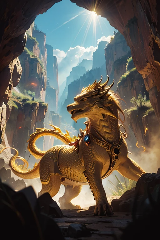 A majestic and divine golden dragon coiled in the center of the screen, staring at the camera. The surroundings are an inaccessible canyon with lightning running, and the sun shining brightly.