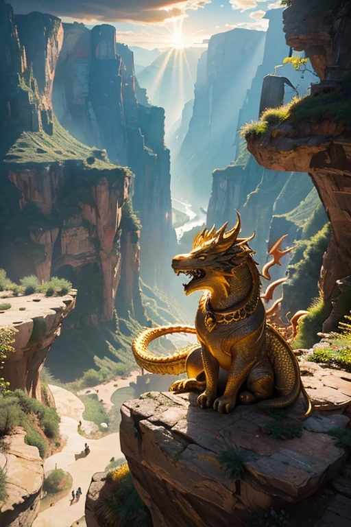 A majestic and divine golden dragon coiled in the center of the screen, staring at the camera. The surroundings are an inaccessible canyon with lightning running, and the sun shining brightly.