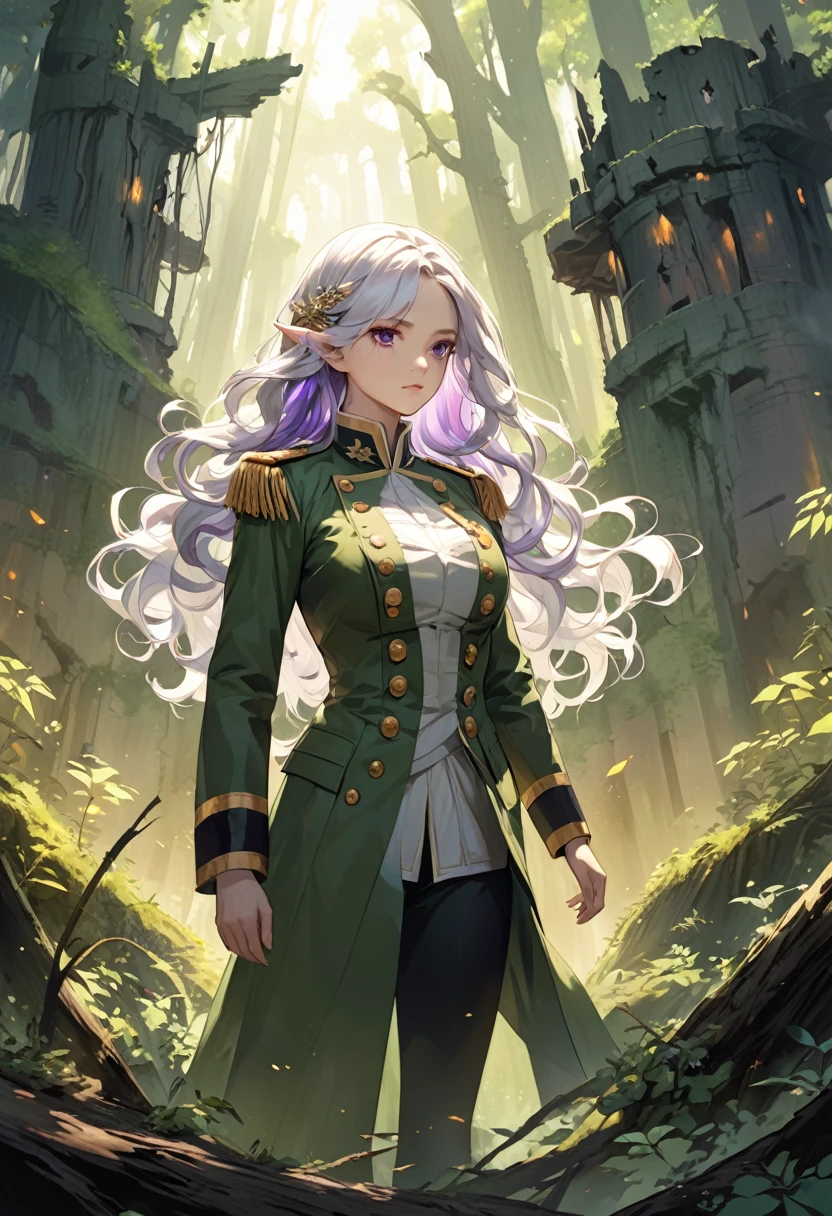 detailed illustration (side view),dynamic angle,ultra-detailed, illustration, close-up, straight on
Elf, white hair, wavy hair, shoulder length hair,
iridescent silver-purple streaks in her hair, large iridescent red-gold eyes, wearing a torn and shredded tight forest green 18th century military officers jacket, torn forest green-brown trousers, standing in a forest clearing, ruin castle in the background, beautiful, young, very large breasts, resistant, strong, courageous, proud, determined