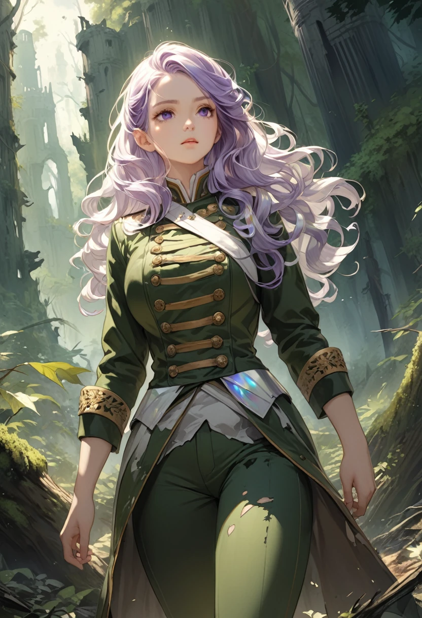 detailed illustration (side view),dynamic angle,ultra-detailed, illustration, close-up, straight on
Elf, white hair, wavy hair, shoulder length hair, 

iridescent silver-purple streaks in her hair, large iridescent red-gold eyes, wearing a torn and shredded tight forest green 18th century military officers jacket, torn forest green-brown trousers, standing in a forest clearing, ruin castle in the background, beautiful, young, very large breasts, resistant, strong, courageous, proud, determined 