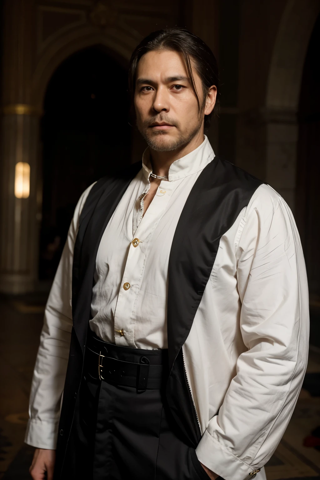 Virtual image king of korea He is a man in his 40s with a slight beard, a sharp face, and a thoughtful expression. Standing among the nobles in the royal hall