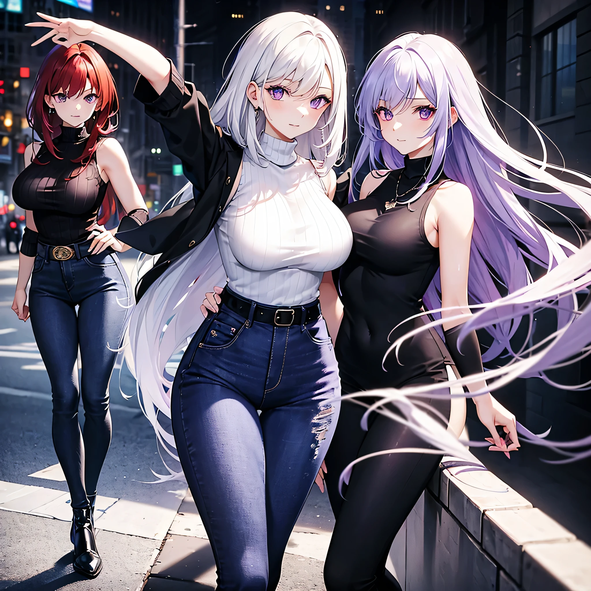 (Two woman) Mature, long hair, redhead woman with purple eyes, sexy, tight black sweater, tight jeans. Another white hair womans with purple eyes, sleeveless sweater. 