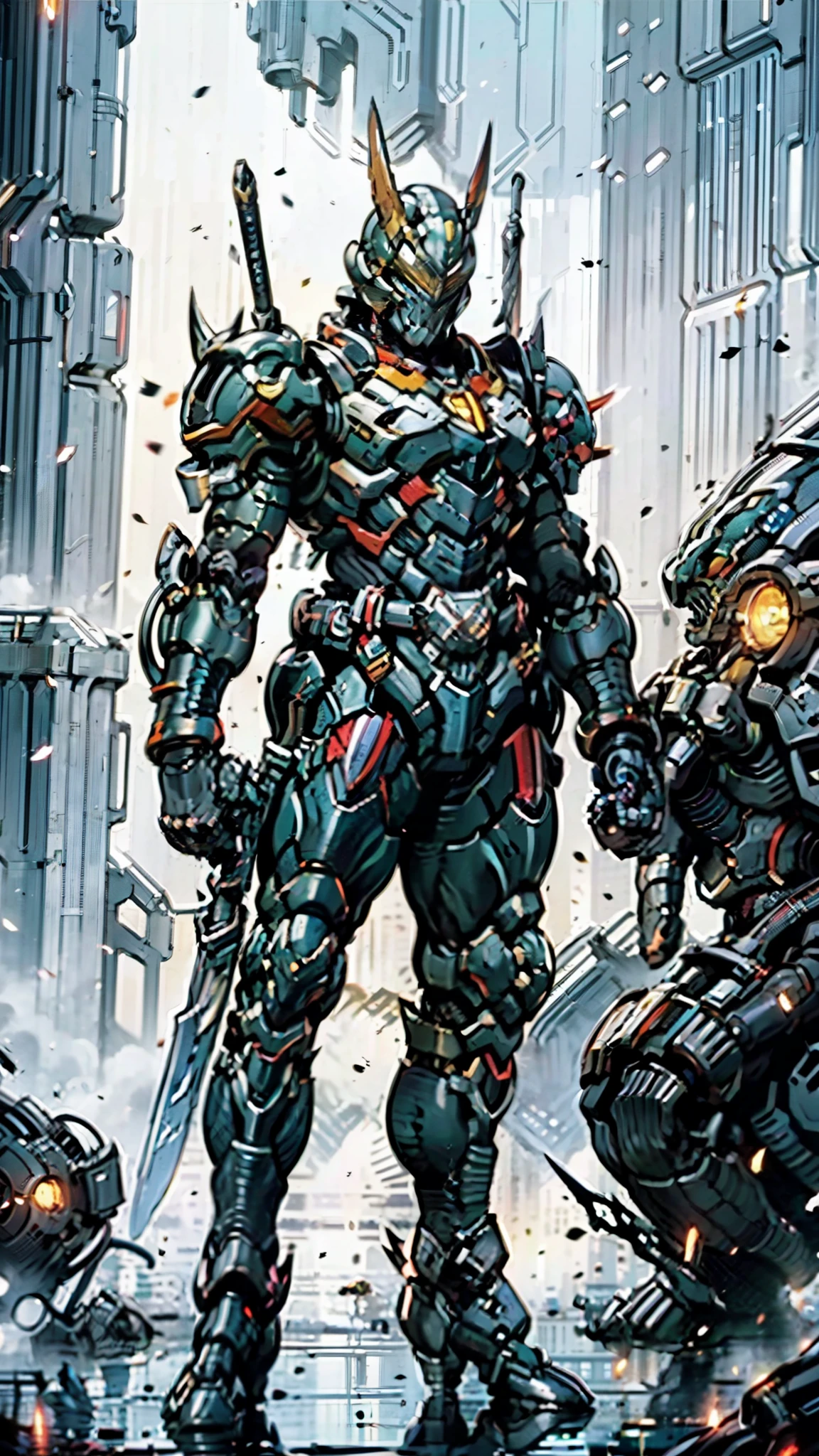 A man wearing a full-face helmet, a fantasy-style biotech armored combat suit, green eyes, (a composite layered chest armor), fully enclosed shoulder guards, matching arm and leg guards, the belt is adorned with fangs biting into gem, (the color scheme is primarily black with red accents), the design balances heavy with agility, a high-tech bio-mecha armor, (Armor Concept Inspired by Godzilla, stand on the top of a skyscraper in a futuristic sci-fi city), this character embodies a finely crafted fantasy-surreal style armored hero in anime style, exquisite and mature manga art style, (element, plasma, energy, the armor glows), ((male:1.5)), metallic, real texture material, dramatic, high definition, best quality, highres, ultra-detailed, ultra-fine painting, extremely delicate, professional, perfect body proportions, golden ratio, anatomically correct, symmetrical face, extremely detailed eyes and face, high quality eyes, creativity, RAW photo, UHD, 32k, Natural light, cinematic lighting, masterpiece-anatomy-perfect, masterpiece:1.5