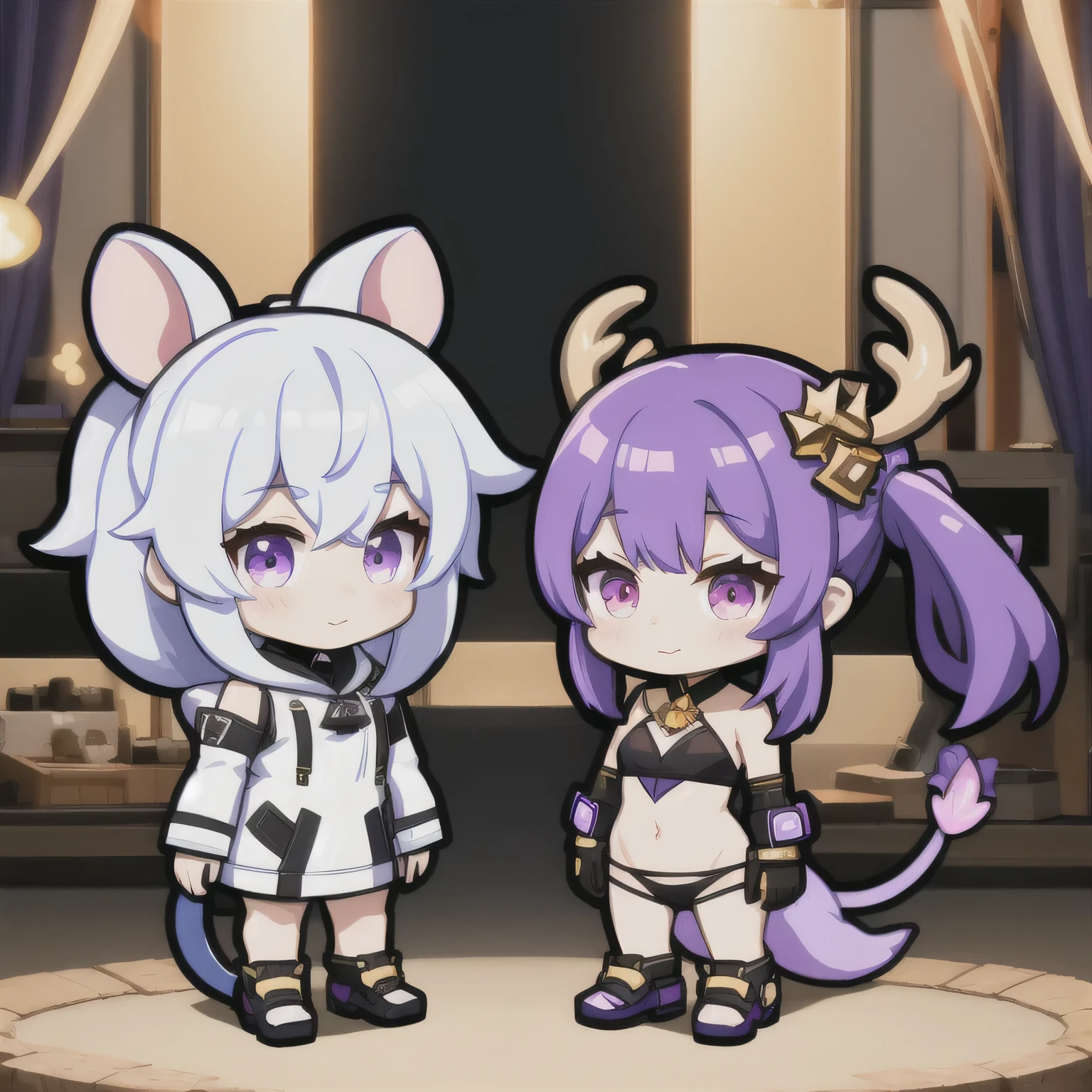 a cartoon image of a girl with a purple hair and a black top, kda, character art of maple story, （（Deer antler hair accessories））advanced digital chibi art, arcane art style, 2 d sprite, genshin impact character, official character art, chibi monster girl, chibi, , noire, ayaka genshin impact, maplestory mouse, hero 2 d fanart artsation，a cartoon image of a girl with a purple hair and a purple outfit, , chibi, kda, twitch emote, chibi monster girl, [[[[grinning evily]]]], 2 d sprite, of a ramlethal valentine,Purple and white combination, melty, cute cyber gods, advanced digital chibi art（（2 girls ））Long purple-white hair，Double tail，big eyes，Sports Posture，Combat Status，Full mana