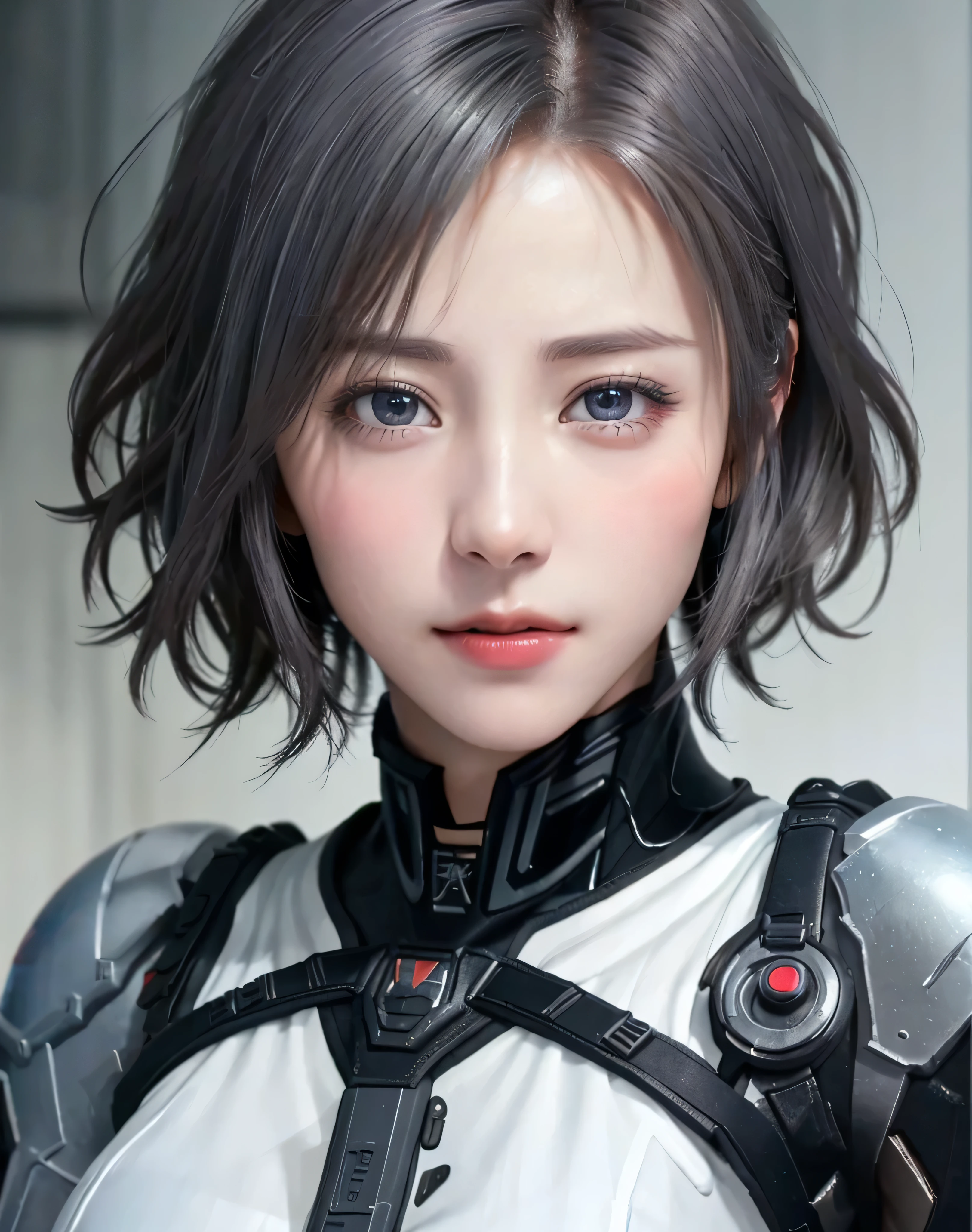 (8k, Realistic, RAW Photos:1.4, highest quality: 1.3), (One Girl), Very beautiful, (Realistic Face), (boyish, Silver color very short hair), beautiful cyberpunk suit, A brilliance that captivates the viewer, beautiful expression, beautiful breasts, (Realistic Skin), (Assault rifle:1.4), beautiful...