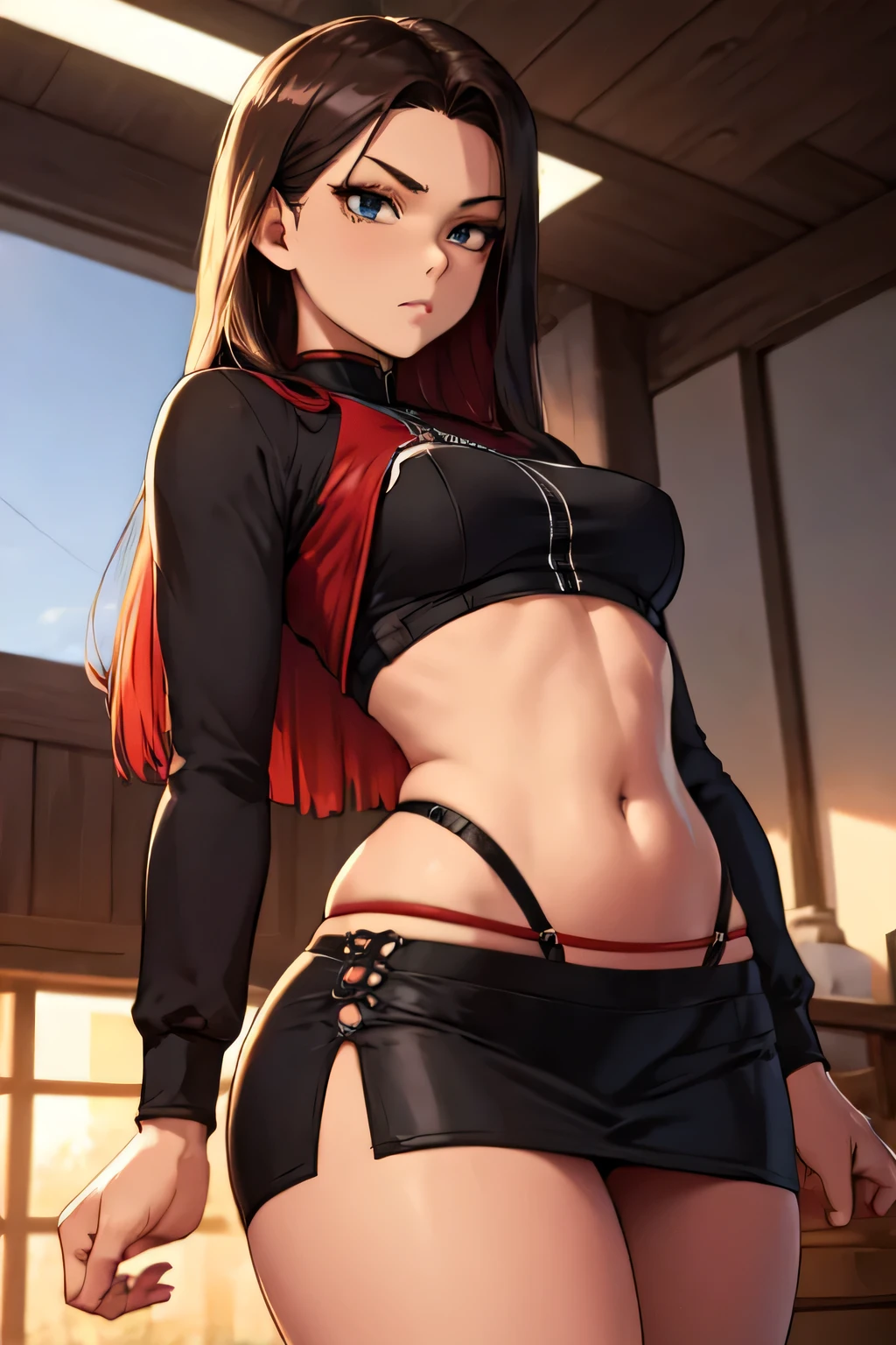 Wide hips, tiny skirt, visible midriff, visible thong straps,