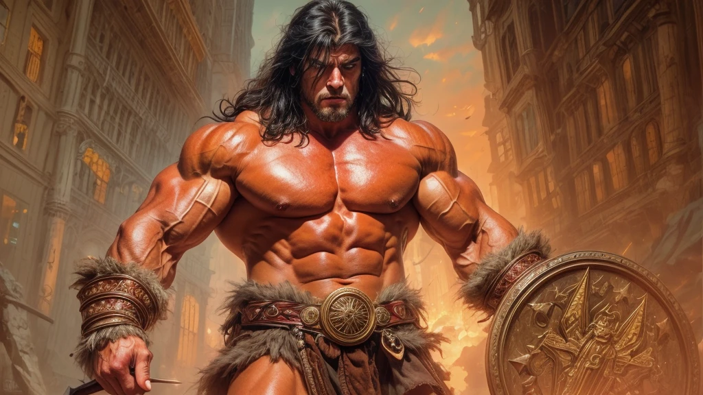 Extremely muscular man, chiseled features, washboard stomach, dark hair, detailed eyes, fierce expression, conan the barbarian, frank franzetta,