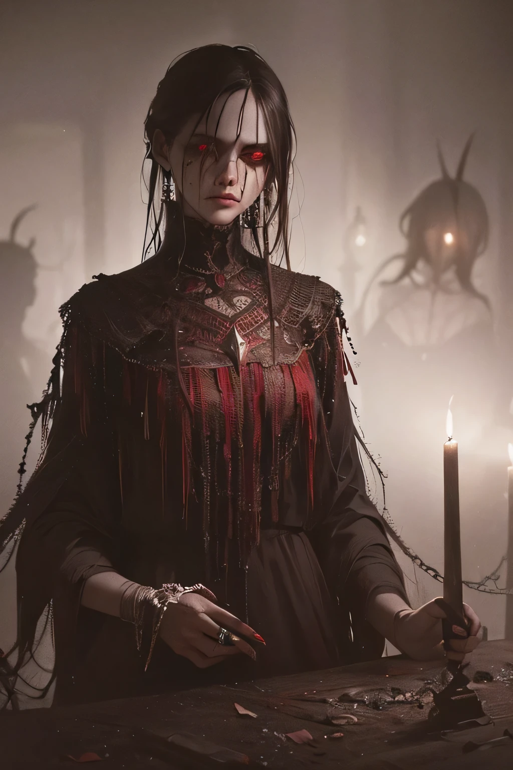 (best quality,4k,8k,highres,masterpiece:1.2),ultra-detailed,(realistic,photorealistic,photo-realistic:1.37),dark,monochromatic,horror,concept artists,God of madness, fear and despair, angst,Verzweiflung,gothic,fear,ominous,ominous atmosphere,dramatic lighting,hallucinations,intense emotions,haunting presence,nightmare, dark fantasy, unreal, horror.
medium: oil painting.
Additional details: creepy figures in the background, swirling mist, twisted trees, decaying ruins, ghostly shadows, eerie silence, unsettling facial expressions, broken dolls, crawling insects, bloodstained walls, cobwebs, flickering candlelight, shattered mirrors, skeletal hands, macabre symbols.
Color tone: dark and gloomy with deep shadows and highlights of blood red.
Lighting: dim and uneven, casting long, sinister shadows.