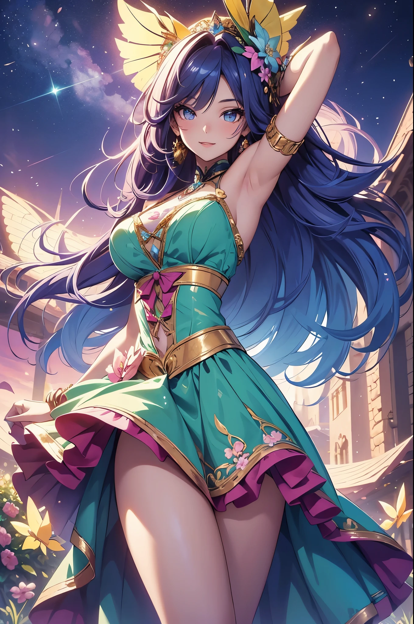(best quality,4k,8k,highres,masterpiece:1.2),ultra-detailed,(realistic,photorealistic,photo-realistic:1.37),acrylic painting,beautiful Brazilian model in a Lolita dress with downy hair,beautiful Brazilian model with extremely colorful hair and detailed facial features,beautiful Brazilian model standing in a beautiful garden surrounded by a starry sky,beautiful Brazilian model wearing a vibrant Lolita dress,beautiful Brazilian model with intricate accessories and a matching hat,beautiful Brazilian model posing gracefully with her hands on her hips,beautiful Brazilian model with long flowing twintails,beautiful Brazilian model with bright blue eyes and rosy lips,beautiful Brazilian model with a joyful expression,beautiful Brazilian model in a dynamic pose with cherry blossoms falling around her,beautiful Brazilian model surrounded by colorful flowers and butterflies,beautiful Brazilian model's dress adorned with cute bows and lace details,beautiful Brazilian model with an enchanting smile,beautiful Brazilian model with soft, pastel-colored shading,beautiful Brazilian model with a magical glow illuminating her,beautiful Brazilian model in a picturesque setting with a winding path leading to a magnificent castle,beautiful Brazilian model holding a microphone and singing passionately,beautiful Brazilian model with a fairytale-like background,beautiful Brazilian model with a soft, dreamy atmosphere,beautiful Brazilian model with a subtle bokeh effect,beautiful Brazilian model standing under a moonlit sky,beautiful Brazilian model with a warm, golden sunset in the background,beautiful Brazilian model surrounded by twinkling stars and colorful nebulae,creating an ethereal and captivating artistic masterpiece.