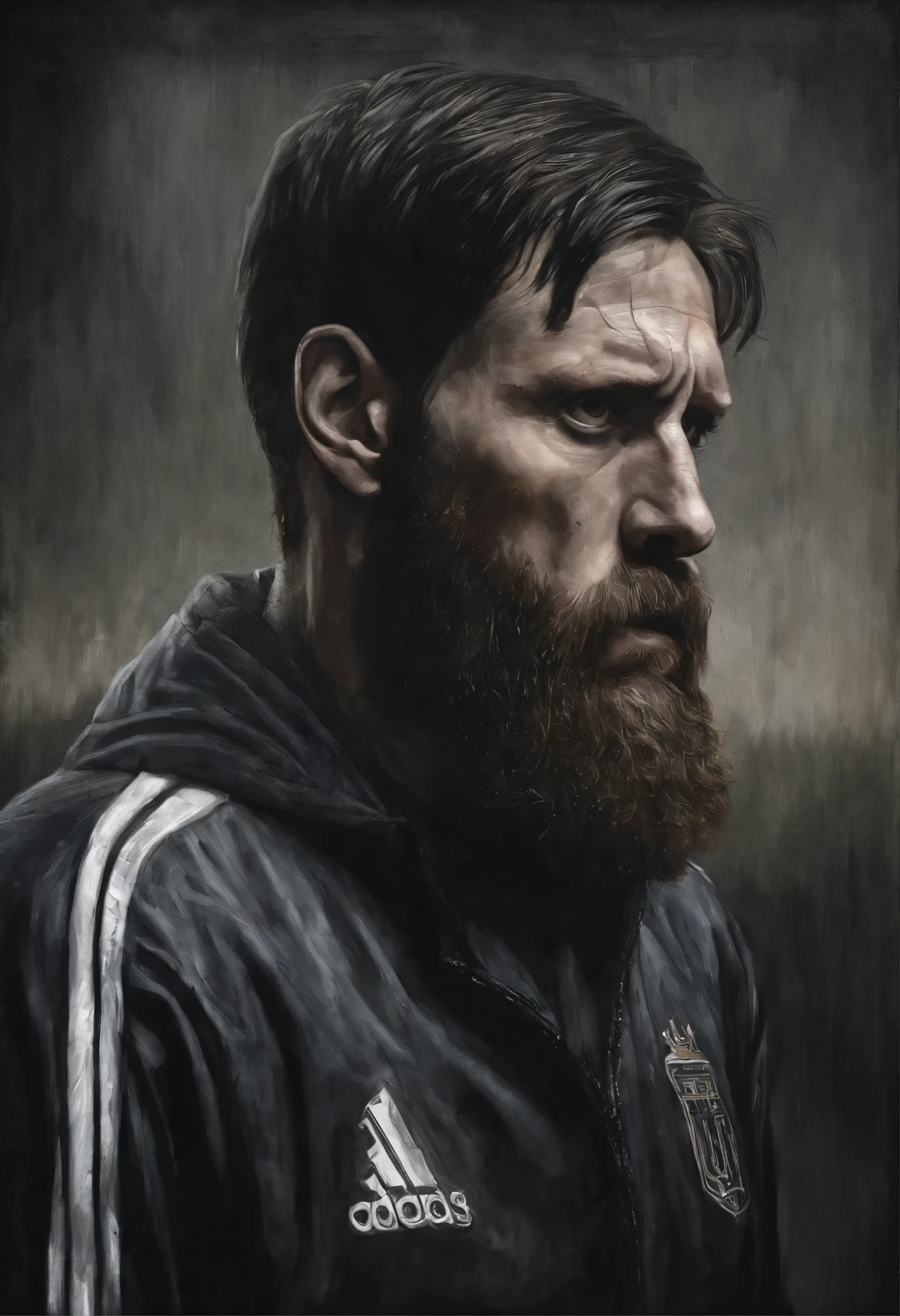 A painting of a bearded Messi on a football field, hyperreal oil painting, Complex and intense oil painting, hyperreal oil painting, Hyper realistic acrylic painting, Hyperreal, extremly detailed oil painting, A hyper-realistic, incredible painting, extremly detailed oil painting, The artist&#39;s epic painting, ultrarealism oil painting, Realistic illustration I No. 10 jersey star