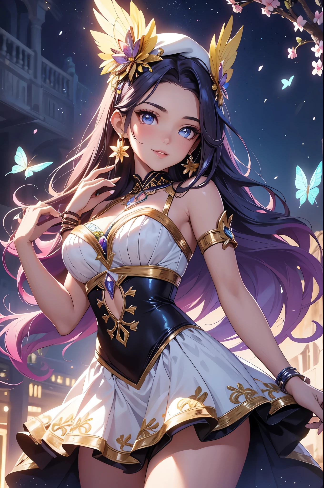 (best quality,4k,8k,highres,masterpiece:1.2),ultra-detailed,(realistic,photorealistic,photo-realistic:1.37),acrylic painting,beautiful Brazilian model in a Lolita dress with downy hair,beautiful Brazilian model with extremely colorful hair and detailed facial features,beautiful Brazilian model standing in a beautiful garden surrounded by a starry sky,beautiful Brazilian model wearing a vibrant Lolita dress,beautiful Brazilian model with intricate accessories and a matching hat,beautiful Brazilian model posing gracefully with her hands on her hips,beautiful Brazilian model with long flowing twintails,beautiful Brazilian model with bright blue eyes and rosy lips,beautiful Brazilian model with a joyful expression,beautiful Brazilian model in a dynamic pose with cherry blossoms falling around her,beautiful Brazilian model surrounded by colorful flowers and butterflies,beautiful Brazilian model's dress adorned with cute bows and lace details,beautiful Brazilian model with an enchanting smile,beautiful Brazilian model with soft, pastel-colored shading,beautiful Brazilian model with a magical glow illuminating her,beautiful Brazilian model in a picturesque setting with a winding path leading to a magnificent castle,beautiful Brazilian model holding a microphone and singing passionately,beautiful Brazilian model with a fairytale-like background,beautiful Brazilian model with a soft, dreamy atmosphere,beautiful Brazilian model with a subtle bokeh effect,beautiful Brazilian model standing under a moonlit sky,beautiful Brazilian model with a warm, golden sunset in the background,beautiful Brazilian model surrounded by twinkling stars and colorful nebulae,creating an ethereal and captivating artistic masterpiece.