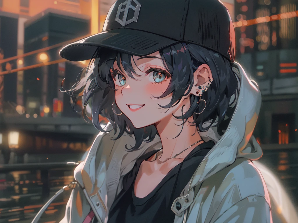 Black Hair,City of night,Medium Hair,Fluttering in the wind,smiling,Baseball Cap,Earrings,hoodie,