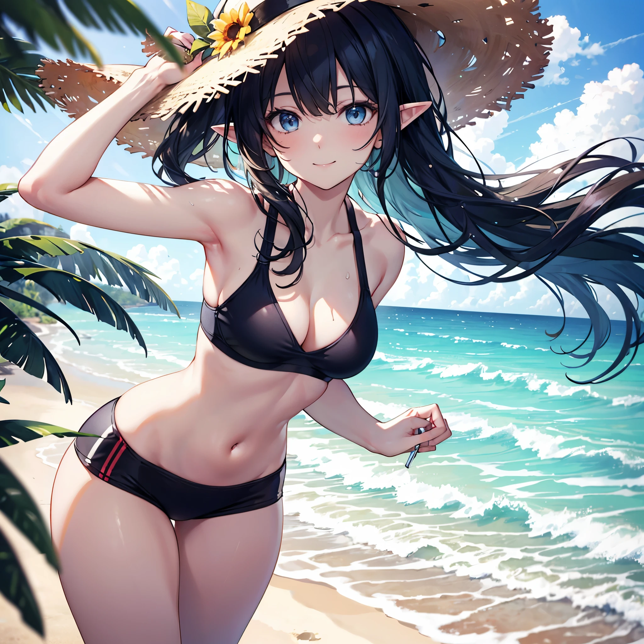 realistic image, detailed image, coherent image, 1 beautiful elf, she has very long hair, black hair, light blue eyes, smiling expression. She is wearing a swim bra, swim thong with mini skirt, beach hat, She has a curvy body, medium breasts and thick thighs, She is walking, arching her back, background of a beach, sunny day, Soft focus, body view full, Dramatic shadows, Volumetric lighting, natural lighting,