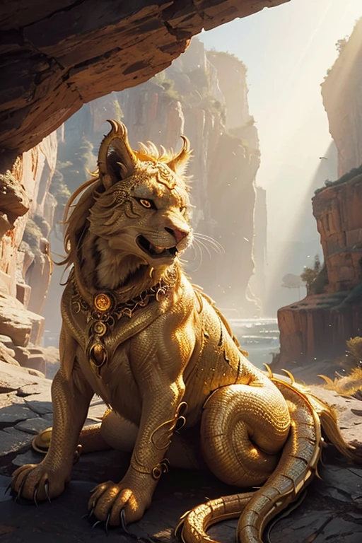 A majestic and divine golden dragon coiled in the center of the screen, staring at the camera. The surroundings are an inaccessible canyon with lightning running, and the sun shining brightly.