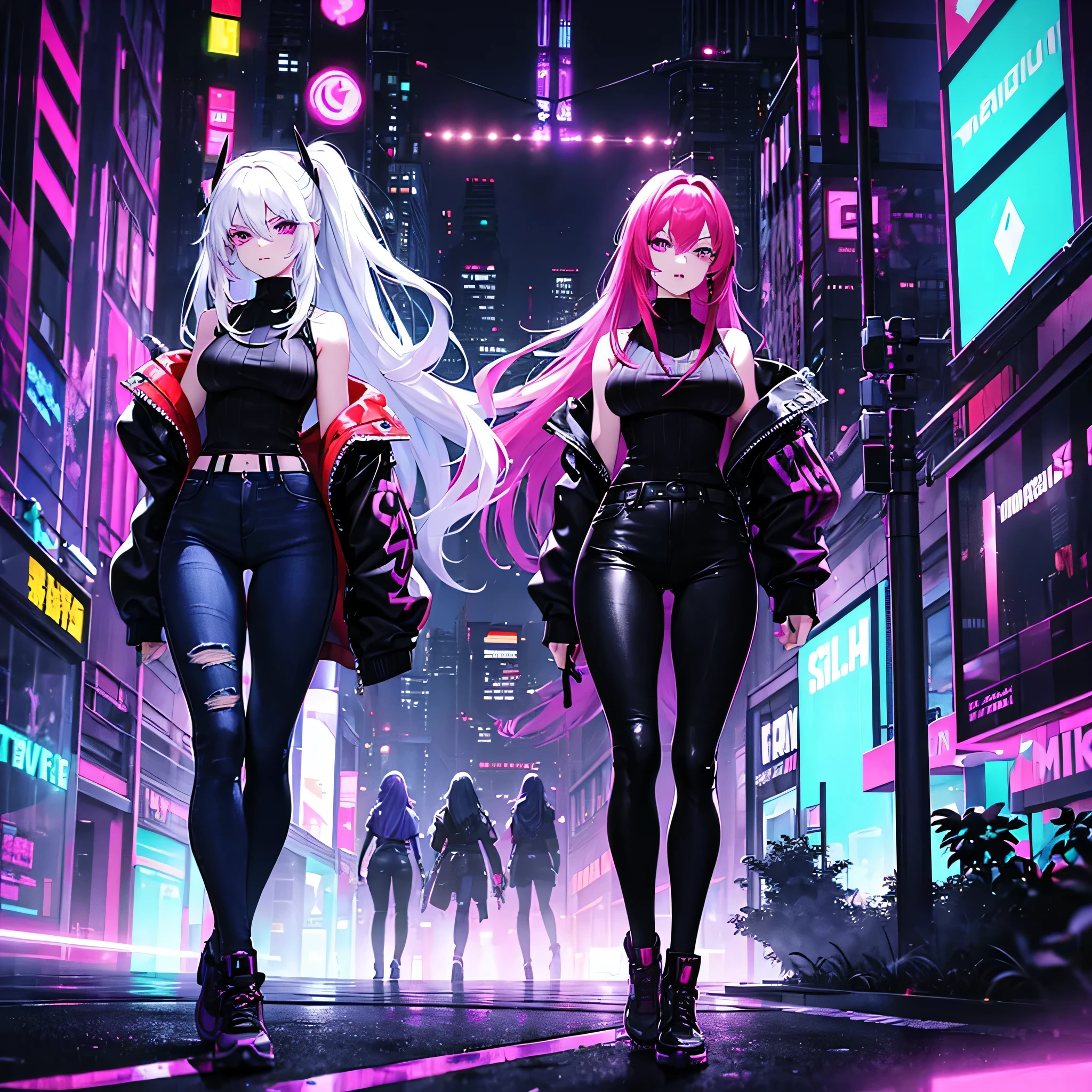 (Two woman) cyberpunk, neon lights, long hair, redhead woman with purple eyes, sexy, tight black sweater, tight jeans. White hair womans with purple eyes, sleeveless sweater. 