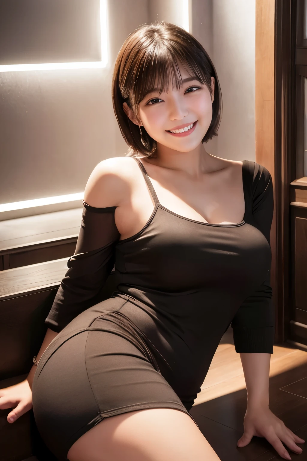 highest quality, masterpiece, Ultra-high resolution, (Reality: 1.4), Original photo, One girl, mature, happy smile, short hair, plump body, , Cinema Lighting, from below, 