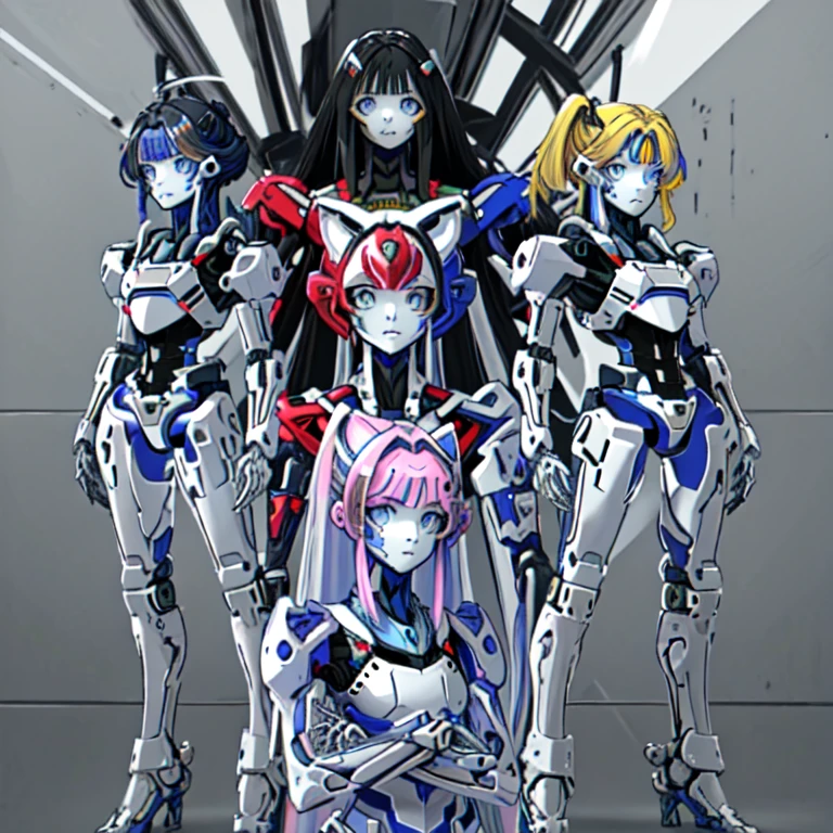 Women transformed into robots,
 Masterpiece,
 Full Body Shot,
 Multipose,
 All of their faces are beautiful human faces.,
 Everyone looks the same except for their faces々The internal skeleton is visible in various colors.,
 All of them have different sizes and shapes of tops and bottoms.,
 Everyone has a different height and body shape,
 They all have different hairstyles and hair colors,