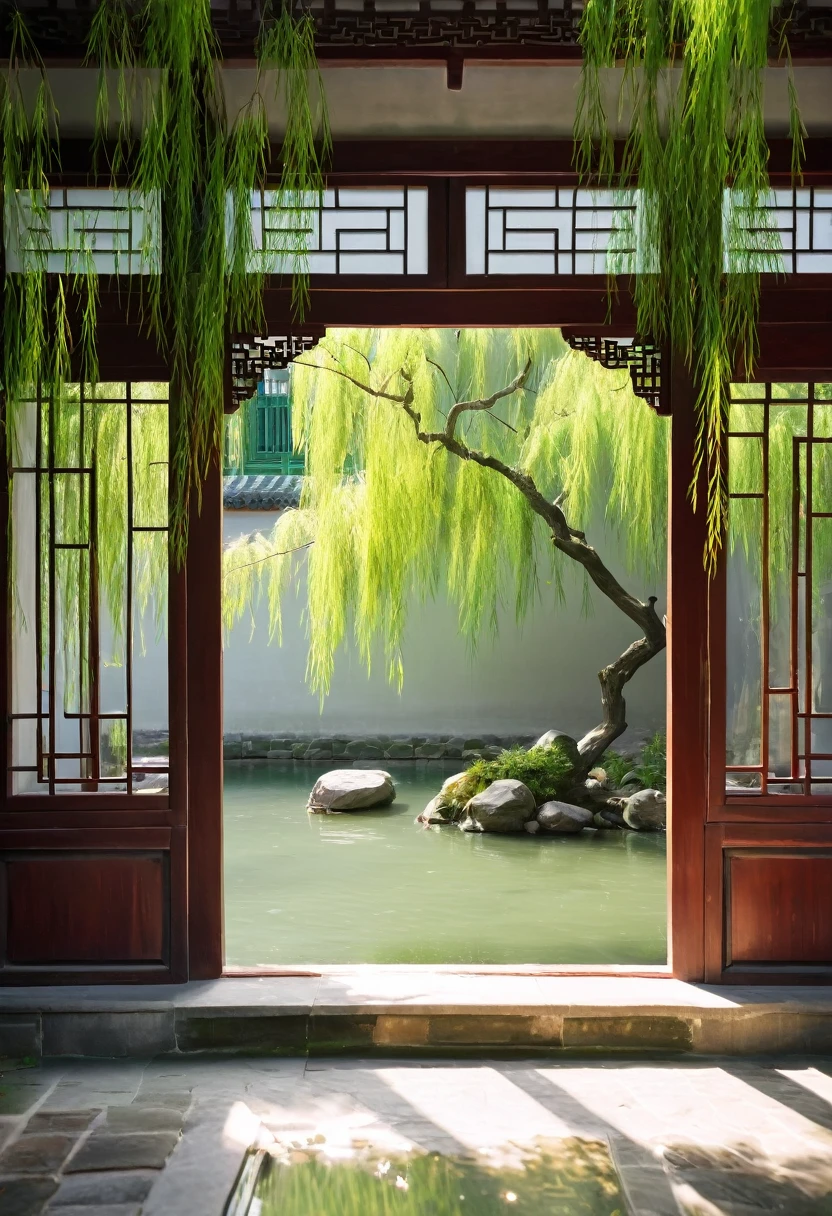 Greyish-white walls feature three windows in the center, with several green willow branches hanging down from above. Sunlight filters through the leaves and shines on the flowing water, creating a scene reminiscent of traditional Chinese landscape photography that captures the essence of spring. This high-definition photograph is predominantly in green tones, with a courtyard as the backdrop, evoking images of Chinese architecture. It was shot using a Canon EOS R5 camera, offering a sense of realism, at a 16K resolution with HDR (High Dynamic Range) capabilities,