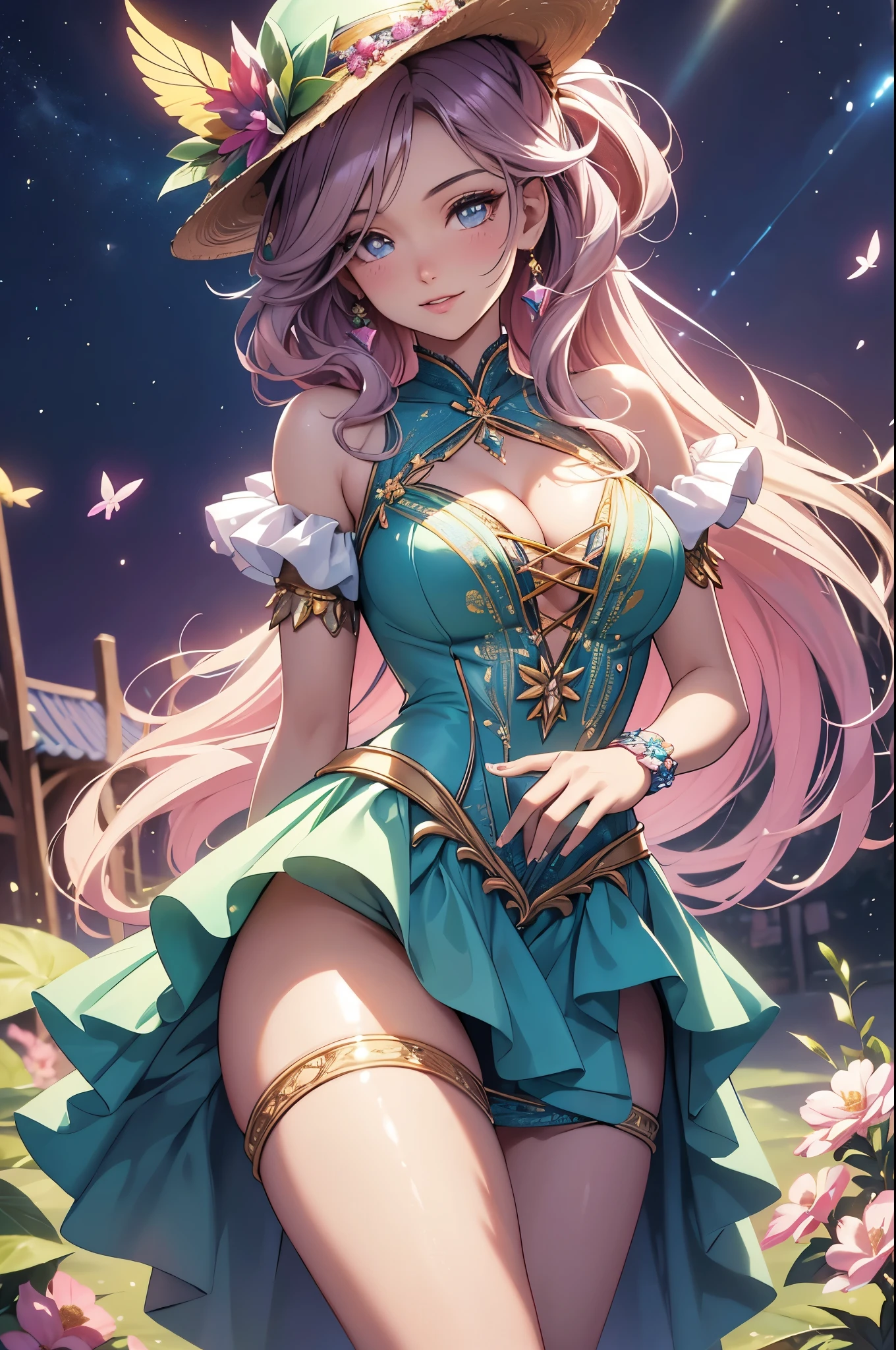 (best quality,4k,8k,highres,masterpiece:1.2),ultra-detailed,(realistic,photorealistic,photo-realistic:1.37),acrylic painting,beautiful Brazilian model in a Lolita dress with downy hair,beautiful Brazilian model with extremely colorful hair and detailed facial features,beautiful Brazilian model standing in a beautiful garden surrounded by a starry sky,beautiful Brazilian model wearing a vibrant Lolita dress,beautiful Brazilian model with intricate accessories and a matching hat,beautiful Brazilian model posing gracefully with her hands on her hips,beautiful Brazilian model with long flowing twintails,beautiful Brazilian model with bright blue eyes and rosy lips,beautiful Brazilian model with a joyful expression,beautiful Brazilian model in a dynamic pose with cherry blossoms falling around her,beautiful Brazilian model surrounded by colorful flowers and butterflies,beautiful Brazilian model's dress adorned with cute bows and lace details,beautiful Brazilian model with an enchanting smile,beautiful Brazilian model with soft, pastel-colored shading,beautiful Brazilian model with a magical glow illuminating her,beautiful Brazilian model in a picturesque setting with a winding path leading to a magnificent castle,beautiful Brazilian model holding a microphone and singing passionately,beautiful Brazilian model with a fairytale-like background,beautiful Brazilian model with a soft, dreamy atmosphere,beautiful Brazilian model with a subtle bokeh effect,beautiful Brazilian model standing under a moonlit sky,beautiful Brazilian model with a warm, golden sunset in the background,beautiful Brazilian model surrounded by twinkling stars and colorful nebulae,creating an ethereal and captivating artistic masterpiece.