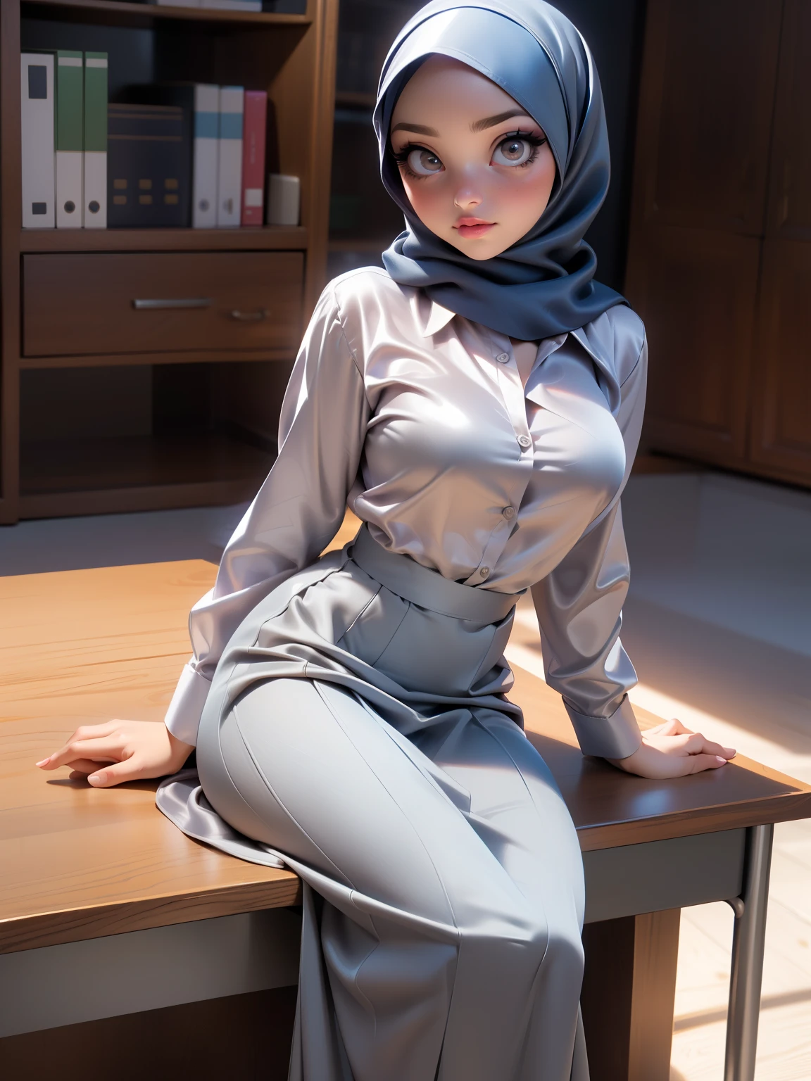 ((Masterpiece, best quality, photography, detailed skin, 8k, highly detailed, full body, High detail RAW color art, diffused soft lighting, shallow depth of field, sharp focus, hyperrealism, cinematic lighting, hijab, a woman, beautifully makeup, eyeshadow, beautiful big eyes, brown eyes, long eye lashes, saggy body, wearing (Dark blue satin hijab), loosely tide hijab style, ((gray satin shirt)), satin long maxi skirts, sitting on office desk