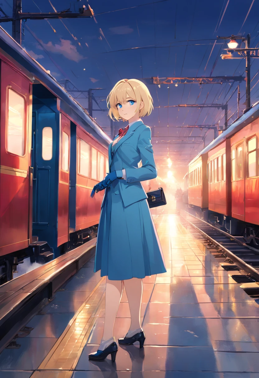 17 years old Women, ((Blonde)), ((Blue eyes)), ((Short hair)), ((Full shot)), very detailed makeup, pale pink lipstick, long earrings, bare shoulders, Dressed in a Chanel suit, with a purse, gloves and wearing heels, we see her standing in front of a steam train at a train station, the floor is wet