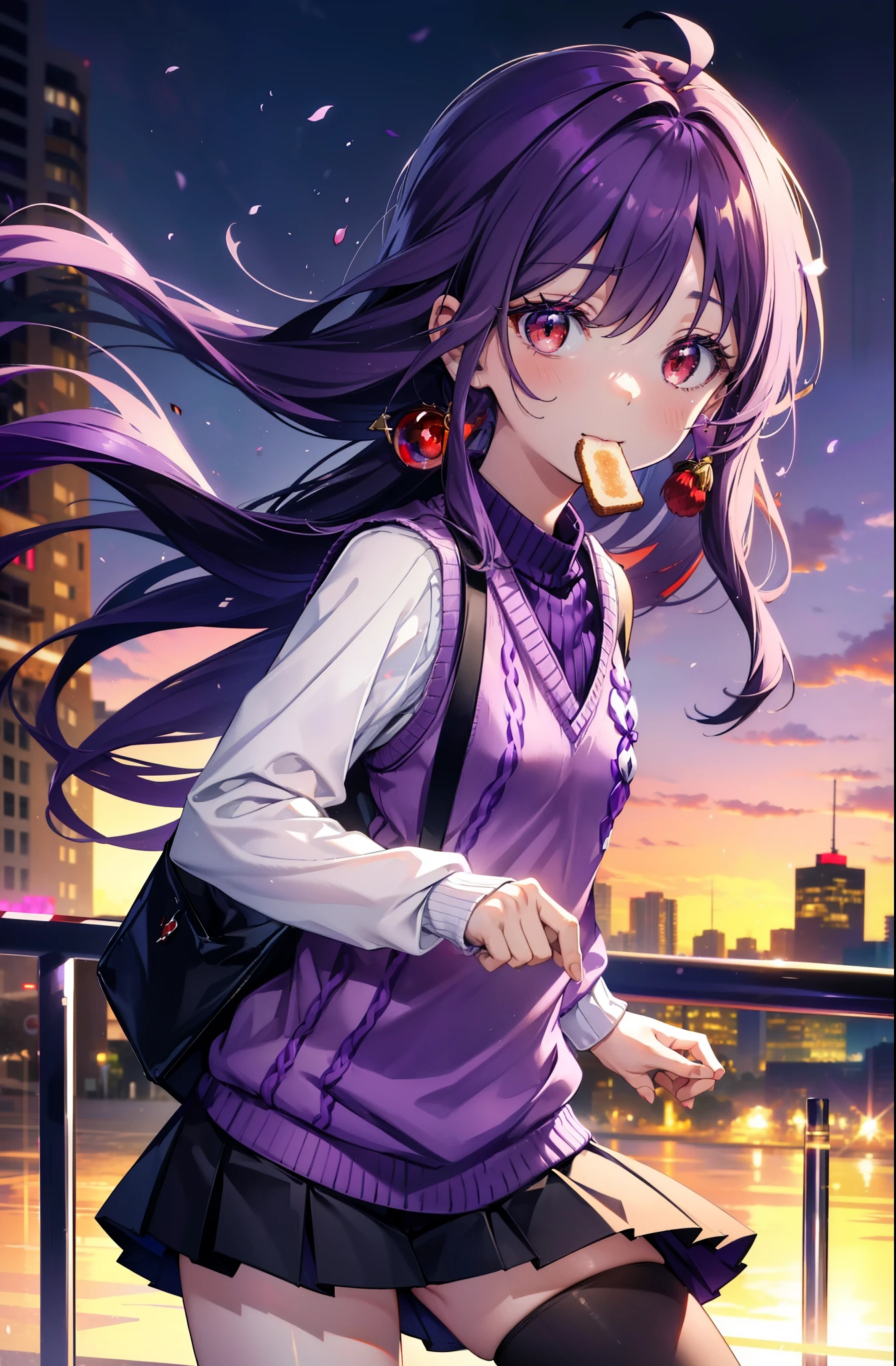 yuukikonno, Yuki Konno, hair band, Long Hair, Pointed Ears, Purple Hair, (Red eyes:1.5), (Small breasts:1.2), smile,White shirt,Sweater vest, (purple Sweater vest:1.5),,Short sleeve,Purple pleated skirt,black tights,Brown Loafers,Toast in the mouth, running, City Street,morning,morning日,sunrise,A girl running,
break looking at viewer, Upper Body, whole body,
break outdoors, 住宅街のpeople混み, people々々々,
break (masterpiece:1.2), highest quality, High resolution, unity 8k wallpaper, (shape:0.8), (Beautiful and beautiful eyes:1.6), Highly detailed face, Perfect lighting, Extremely detailed CG, (Perfect hands, Perfect Anatomy),