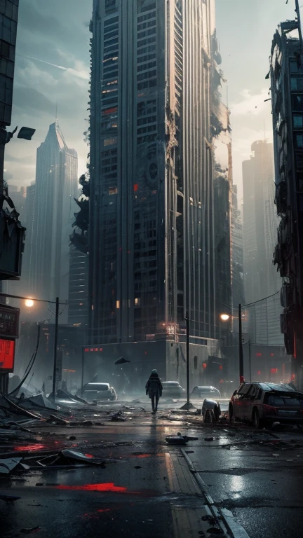 Create an image for the cover of Chapter 6 of the book '2067', where a futuristic city is depicted completely destroyed, due to a virtual reality game that has contaminated people's minds. The image should convey the feeling of chaos, desolation and destruction, with destroyed buildings, empty streets and the striking presence of technology. Use dark and cool colors to create a dark and desperate mood, and ensure that the message conveyed is impactful and exciting for readers.