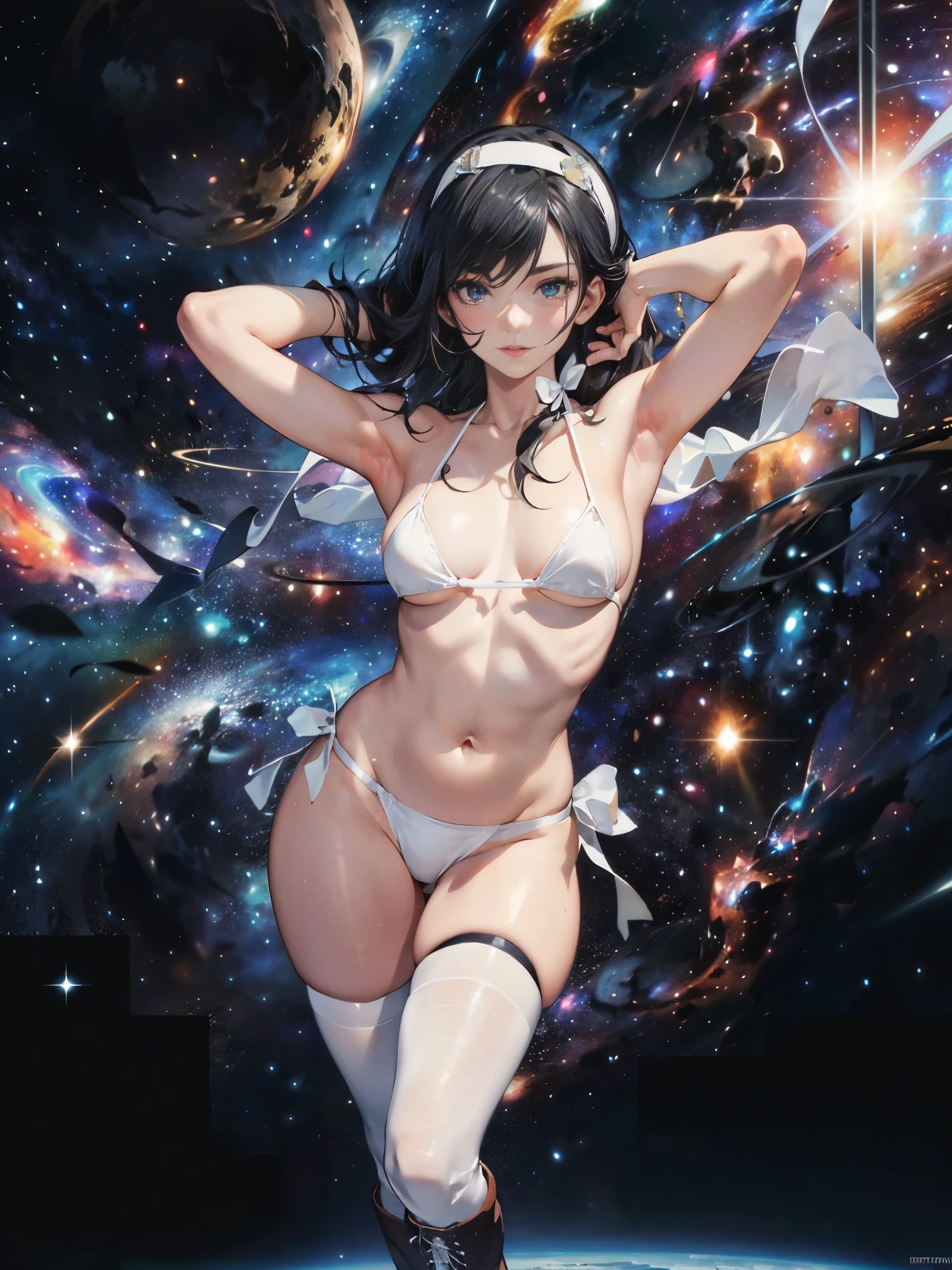 (masterpiece, top quality, best quality, official art, very colorful, wide angle, top to toes, beautiful and aesthetic:1.2), (1girl:1.3), (fractal art:1.3), Javanese girl with brown eyes, black short hair, and brown skin. She's 18 years old. Flat breast. Wearing a sheet of white see-through transparent fabric, no underwear, fully naked, croptop, nipples, underboob, navel, thighs, mons pubis, legs. Very detailed anatomy, millions of colors background. Smiling happily.