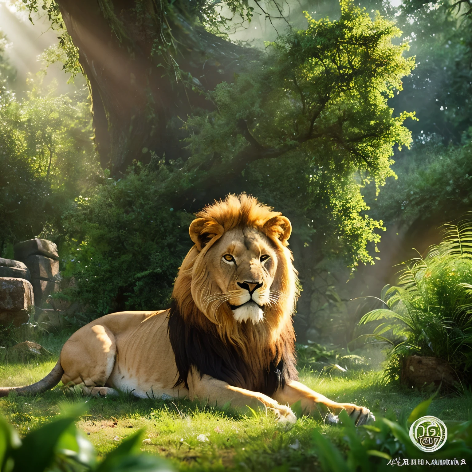 "Design an incredibly realistic representation of a majestic lion in its natural habitat, un frondoso bosque. the Lion, with her golden hair and fierce but serene expression, se encuentra en una pose poderosa y regia, emanando fuerza y nobleza.

Meticulous details like tense muscles, Intense eyes and detailed fur make the lion appear to jump out of the image. Its presence in the forest is highlighted by the lush vegetation, the sun&#39;s rays filtering through the leaves and the calm but vibrant atmosphere of nature.

Above the lion&#39;s head, una corona elaborada y ornamentada reposa con elegancia, symbolizing his position as king of the jungle. Cada detalle de la corona, from the encrusted gems to the intricate designs, highlights the majesty and power of the lion in its environment.

The setting is completed with the magical atmosphere of the forest, where you can hear the songs of birds and the rustling of the leaves. La luz dappled ilumina la escena, creating a mystical and enchanting atmosphere that enhances the 