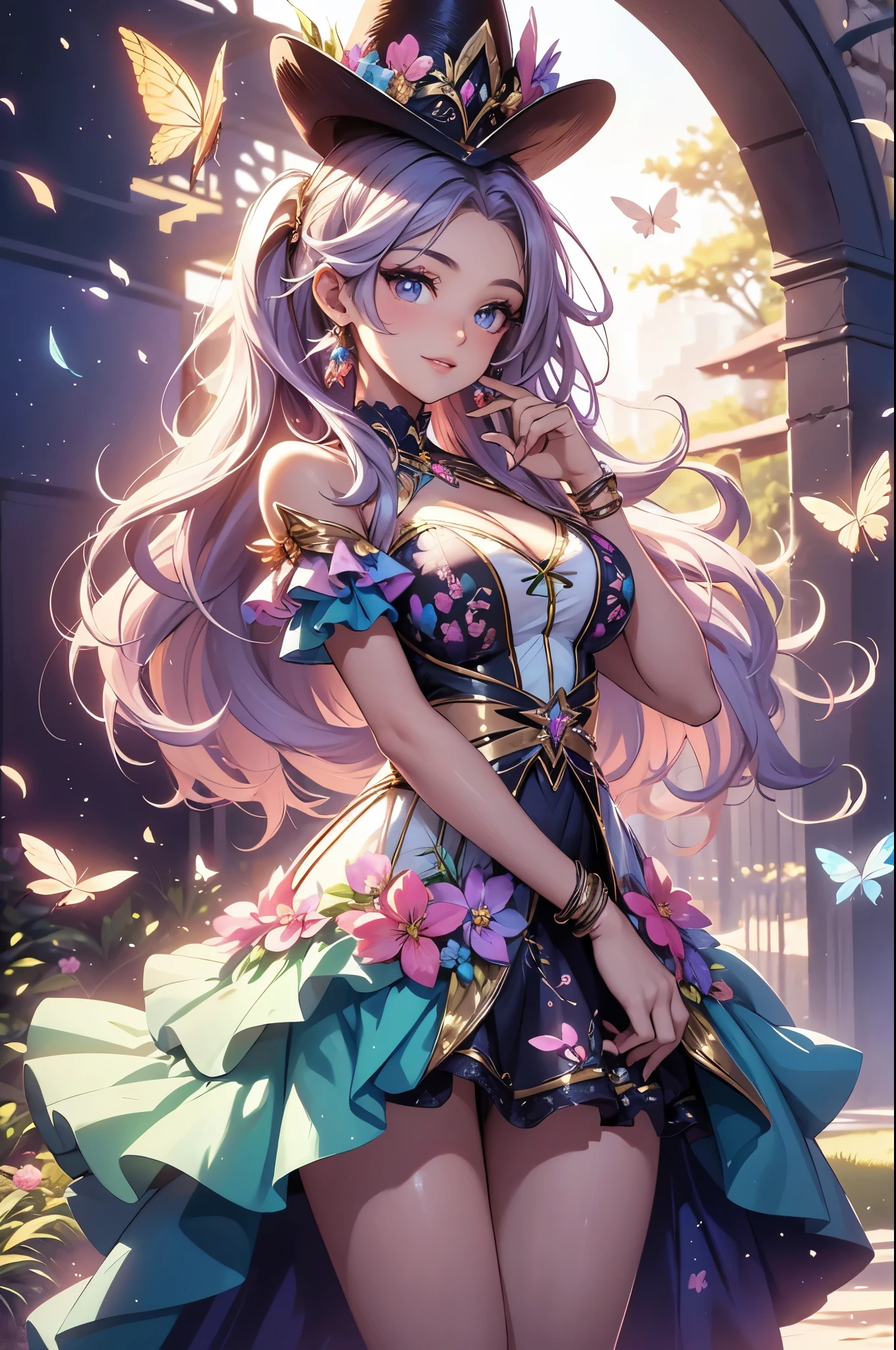 (best quality,4k,8k,highres,masterpiece:1.2),ultra-detailed,(realistic,photorealistic,photo-realistic:1.37),acrylic painting,beautiful Brazilian model in a Lolita dress with downy hair,beautiful Brazilian model with extremely colorful hair and detailed facial features,beautiful Brazilian model standing in a beautiful garden surrounded by a starry sky,beautiful Brazilian model wearing a vibrant Lolita dress,beautiful Brazilian model with intricate accessories and a matching hat,beautiful Brazilian model posing gracefully with her hands on her hips,beautiful Brazilian model with long flowing twintails,beautiful Brazilian model with bright blue eyes and rosy lips,beautiful Brazilian model with a joyful expression,beautiful Brazilian model in a dynamic pose with cherry blossoms falling around her,beautiful Brazilian model surrounded by colorful flowers and butterflies,beautiful Brazilian model's dress adorned with cute bows and lace details,beautiful Brazilian model with an enchanting smile,beautiful Brazilian model with soft, pastel-colored shading,beautiful Brazilian model with a magical glow illuminating her,beautiful Brazilian model in a picturesque setting with a winding path leading to a magnificent castle,beautiful Brazilian model holding a microphone and singing passionately,beautiful Brazilian model with a fairytale-like background,beautiful Brazilian model with a soft, dreamy atmosphere,beautiful Brazilian model with a subtle bokeh effect,beautiful Brazilian model standing under a moonlit sky,beautiful Brazilian model with a warm, golden sunset in the background,beautiful Brazilian model surrounded by twinkling stars and colorful nebulae,creating an ethereal and captivating artistic masterpiece. 