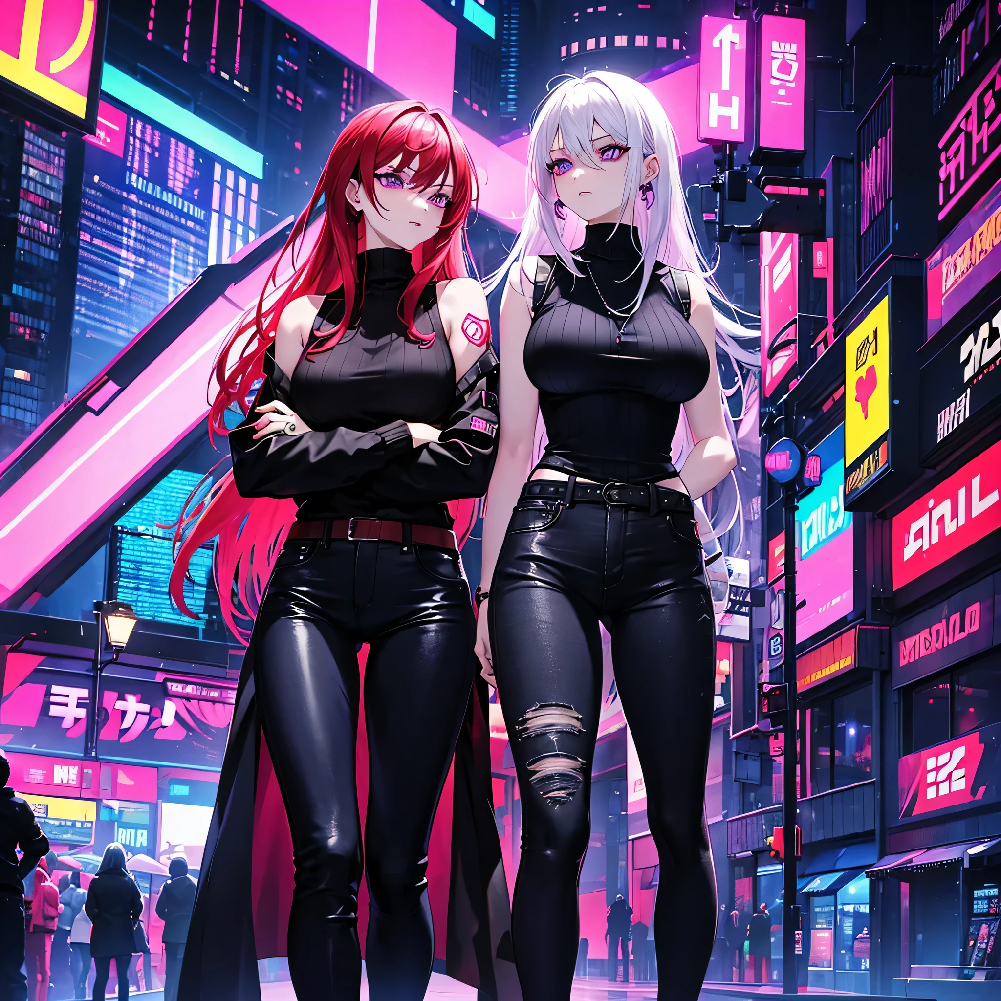 (Two woman) cyberpunk, neon lights, red-haired woman with purple eyes, sexy, tight black sweater, tight jeans. White hair womans with purple eyes, sleeveless sweater. 