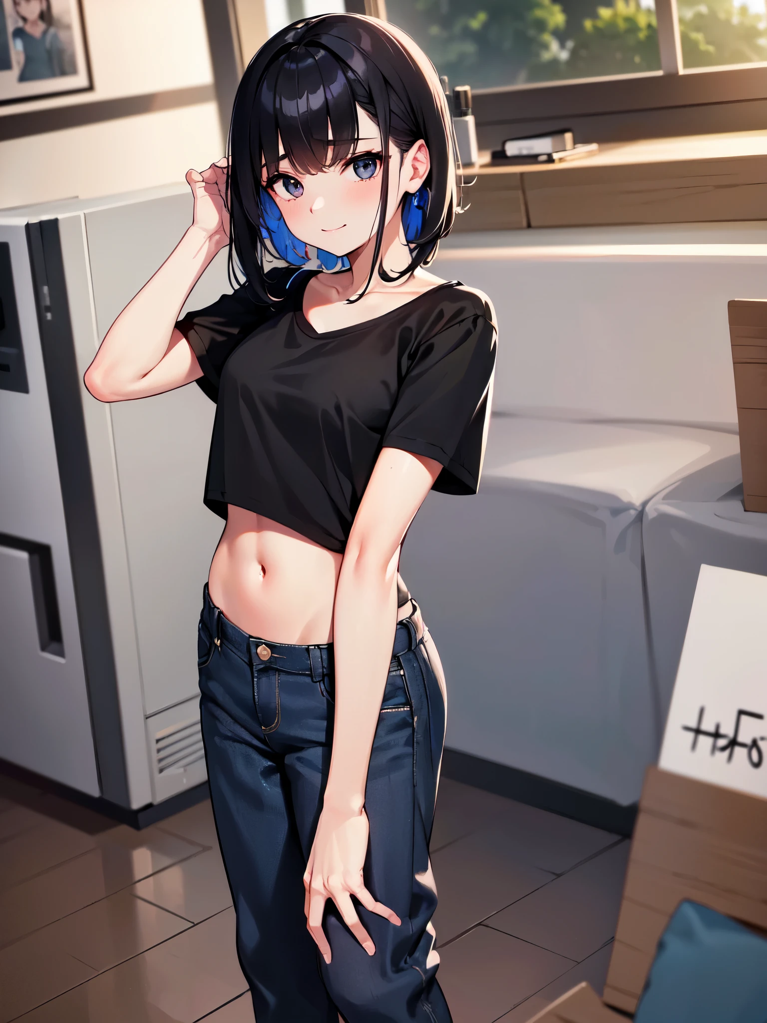 (short cute girl， young studeg delicate girl）,（masterpiece，Top quality)，sit on the floor，Tank top，light blue shorts，short sleeve，long black hair，sleepy