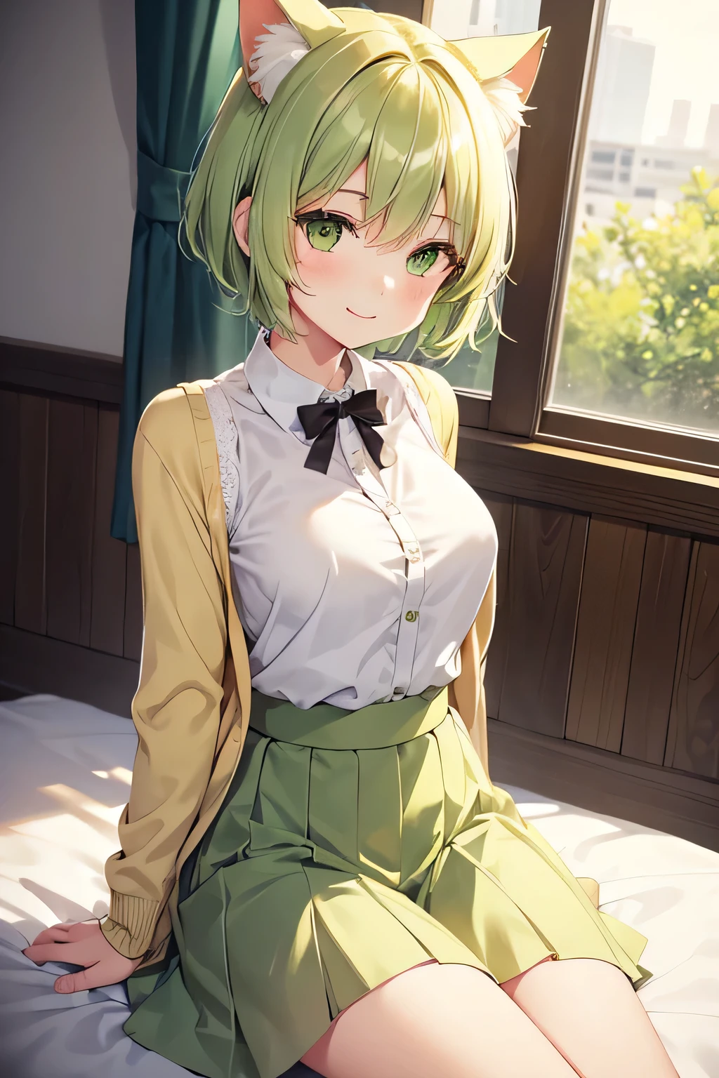 1girl,mature female,solo,backview, Perfect butt, small waist,green hair,medium hair,long bangs, water green eyes, shy expression,(chocker), Long unbuttoned shirt ,A crop top under the shirt, in your room, interesting perspective, golden proportion, aurea proportion Blushed,flat tummy, sweat, and sweat, pet collar, green panties under clothes, bikini under clothes