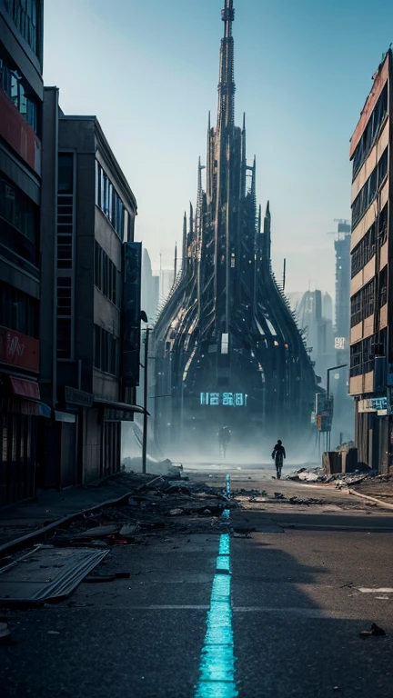 Create an image for the cover of Chapter 6 of the book '2067', where a futuristic city is depicted completely destroyed, due to a virtual reality game that has contaminated people's minds. The image should convey the feeling of chaos, desolation and destruction, with destroyed buildings, empty streets and the striking presence of technology. Use dark and cool colors to create a dark and desperate mood, and ensure that the message conveyed is impactful and exciting for readers.