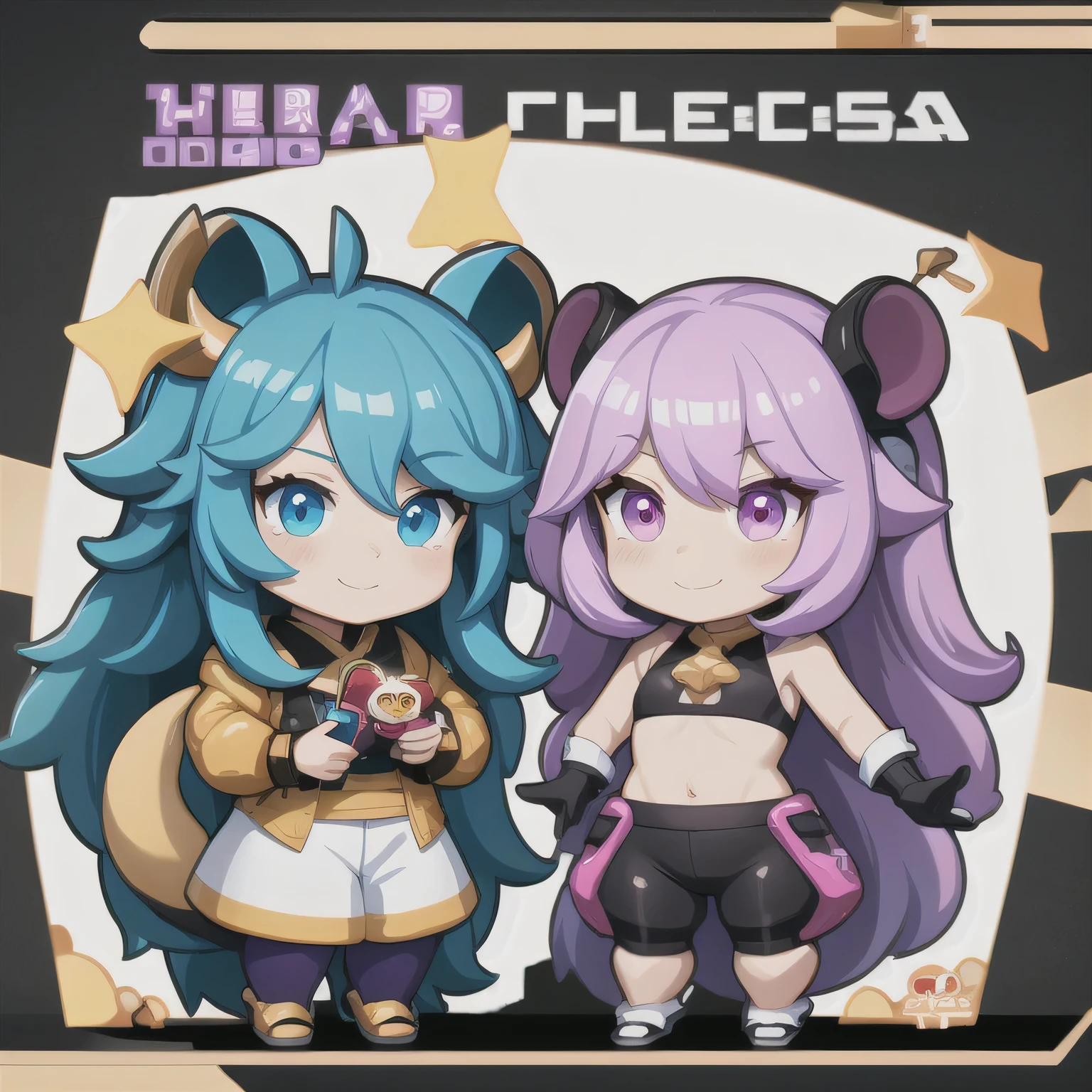 a cartoon image of a girl with a purple hair and a black top, kda, character art of maple story, （（Deer antler hair accessories））advanced digital chibi art, arcane art style, 2 d sprite, genshin impact character, official character art, chibi monster girl, chibi, , noire, ayaka genshin impact, maplestory mouse, hero 2 d fanart artsation，a cartoon image of a girl with a purple hair and a purple outfit, , chibi, kda, twitch emote, chibi monster girl, [[[[grinning evily]]]], 2 d sprite, of a ramlethal valentine,Purple and white combination, melty, cute cyber gods, advanced digital chibi art（（2 girls ））Long purple-white hair，Double tail，big eyes，Sports Posture，Combat Status，Full mana