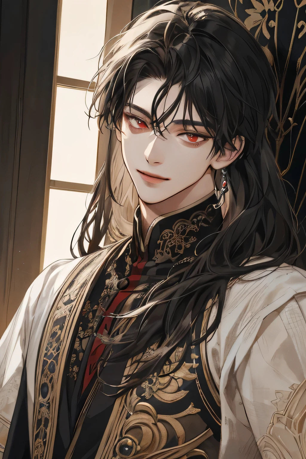 (extreamly delicate and beautiful:1.2), 8K,(masterpiece:1.0),(best_quality:1.0), 1 boy, and intricate detailing, Enlarged textures, and intricate detailing, finely eye and detailed face, and intricate detailing, shiraga, black long hair, (closed mouths), Perfect eyes, Equal eyes, eyes smile, red eyes (A male god) with (masterpiece), best quality,