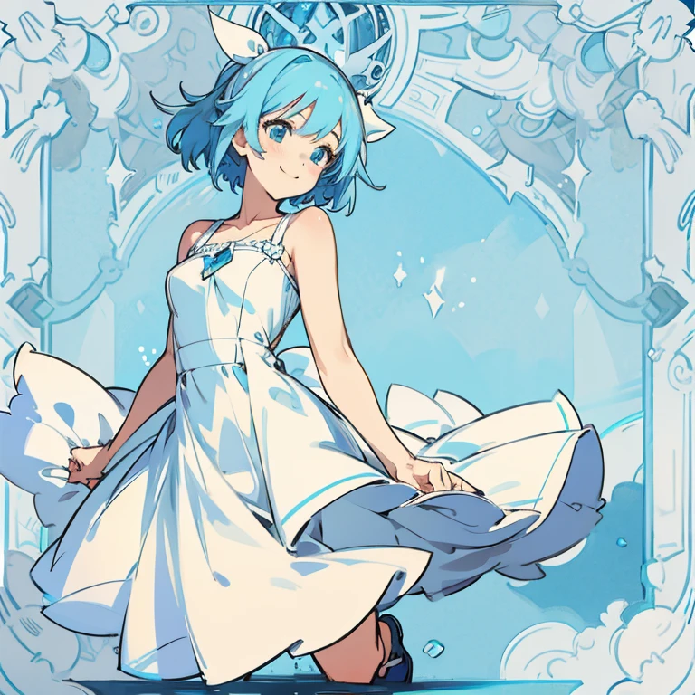 girl,blue sky,Naughty,White dress,Anime, High resolution,smile,whole body,Excellent details
