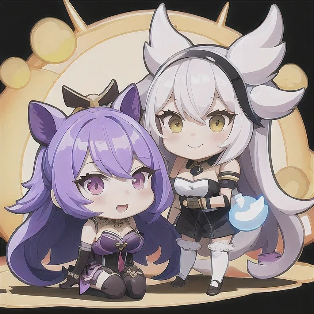 a cartoon image of a girl with a purple hair and a black top, kda, character art of maple story, （（Deer antler hair accessories））advanced digital chibi art, arcane art style, 2 d sprite, genshin impact character, official character art, chibi monster girl, chibi, , noire, ayaka genshin impact, maplestory mouse, hero 2 d fanart artsation，a cartoon image of a girl with a purple hair and a purple outfit, , chibi, kda, twitch emote, chibi monster girl, [[[[grinning evily]]]], 2 d sprite, of a ramlethal valentine,Purple and white combination, melty, cute cyber gods, advanced digital chibi art（（2 girls ））Long purple-white hair，Double tail，big eyes，Sports Posture，Combat Status，Full mana