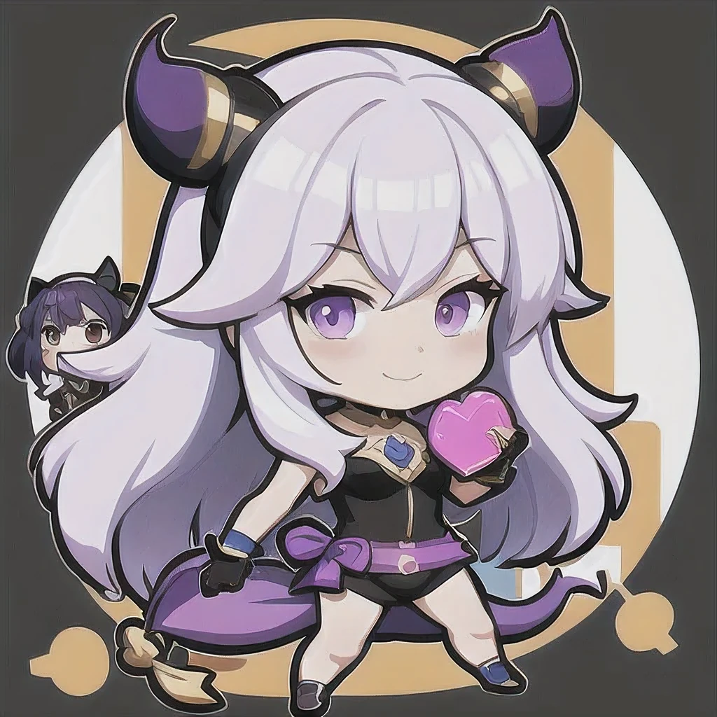 a cartoon image of a girl with a purple hair and a black top, kda, character art of maple story, （（Deer antler hair accessories））advanced digital chibi art, arcane art style, 2 d sprite, genshin impact character, official character art, chibi monster girl, chibi, , noire, ayaka genshin impact, maplestory mouse, hero 2 d fanart artsation，a cartoon image of a girl with a purple hair and a purple outfit, , chibi, kda, twitch emote, chibi monster girl, [[[[grinning evily]]]], 2 d sprite, of a ramlethal valentine,Purple and white combination, melty, cute cyber gods, advanced digital chibi art（（2 girls ））Long purple-white hair，Double tail，big eyes，Sports Posture，Combat Status，Full mana