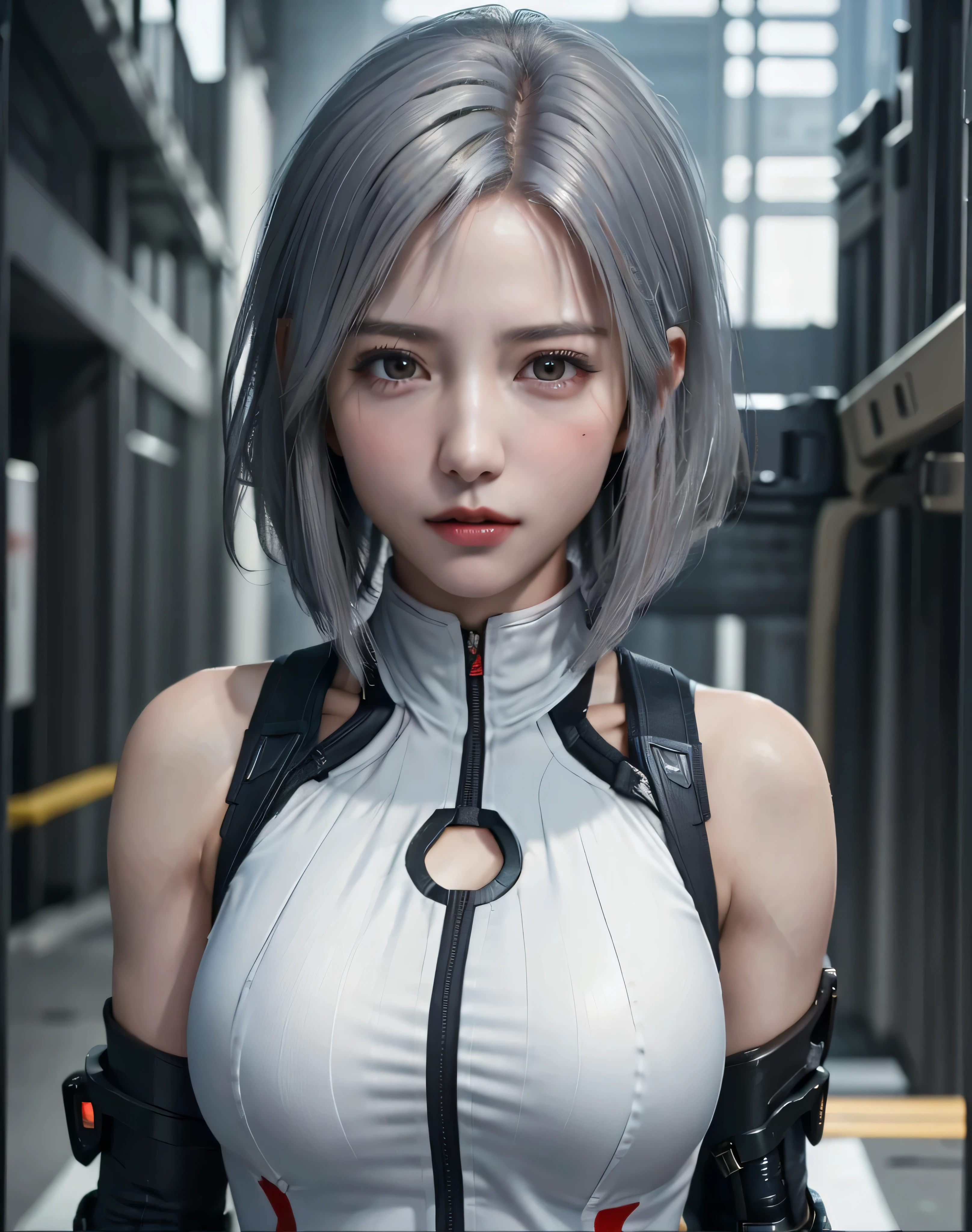 (8k, Realistic, RAW Photos:1.4, highest quality: 1.3), (One Girl), Very beautiful, (Realistic Face), (boyish, Silver color very short hair), beautiful cyberpunk suit, A brilliance that captivates the viewer, beautiful expression, beautiful breasts, Pointed nipple shape, (Realistic Skin), (Assault rifle:1.4), beautiful...