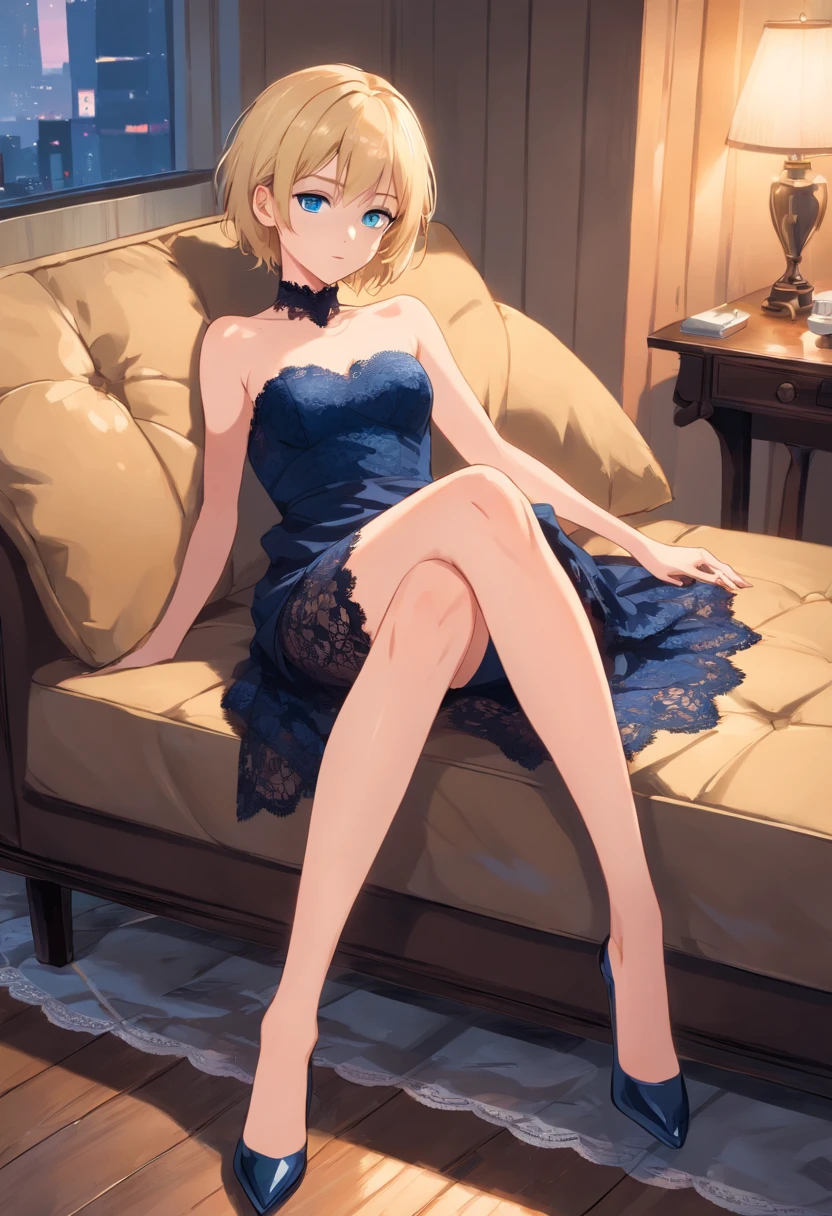 Women, ((Blonde)), ((Blue eyes)), ((Short hair)), ((Full Body)), black strapless lace dress, backless, black high heeels, Lying on a sofa, showing her legs, wet floor