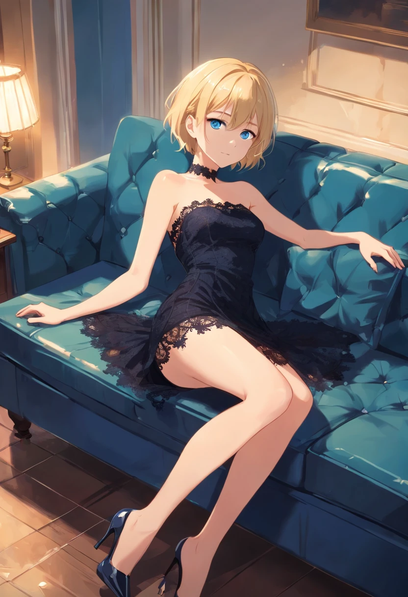 17 years old Women, ((Blonde)), ((Blue eyes)), ((Short hair)), ((Full Body)), black strapless lace dress, backless, black high heeels, Lying on a sofa, showing her legs, wet floor