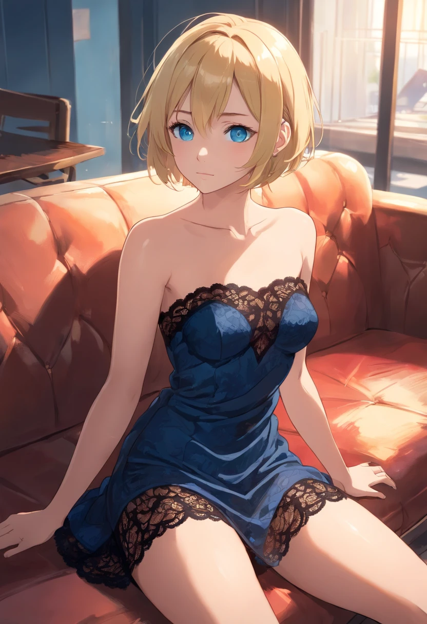 Women, ((Blonde)), ((Blue eyes)), ((Short hair)), ((Full Body)), black strapless lace dress, backless, black high heeels, Lying on a sofa, showing her legs, wet floor
