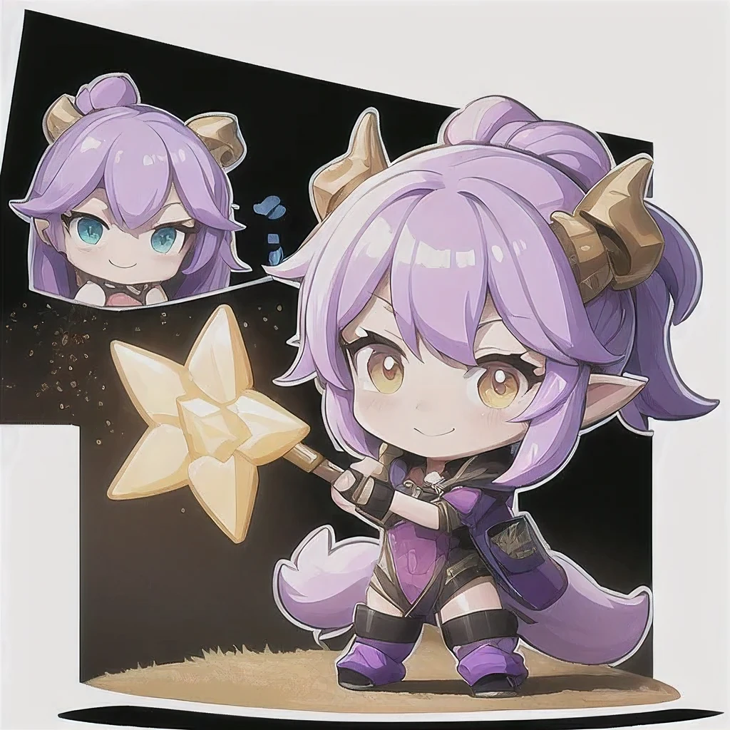 a cartoon image of a girl with a purple hair and a black top, kda, character art of maple story, （（Deer antler hair accessories））advanced digital chibi art, arcane art style, 2 d sprite, genshin impact character, official character art, chibi monster girl, chibi, , noire, ayaka genshin impact, maplestory mouse, hero 2 d fanart artsation，a cartoon image of a girl with a purple hair and a purple outfit, , chibi, kda, twitch emote, chibi monster girl, [[[[grinning evily]]]], 2 d sprite, of a ramlethal valentine,Purple and white combination, melty, cute cyber gods, advanced digital chibi art（（2 girls ））Long purple-white hair，Double tail，big eyes，Sports Posture，Combat Status，Full mana