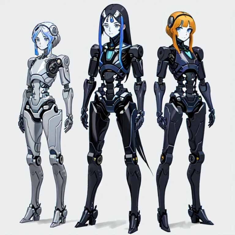 Women transformed into robots,
Masterpiece,
Full Body Shot,
Multipose,
All of their faces are beautiful human faces.,
Everyone looks the same except for their faces々The internal skeleton is visible in various colors.,
All of them have different sizes and shapes of tops and bottoms.,
Everyone has a different height and body shape,
They all have different hairstyles and hair colors,