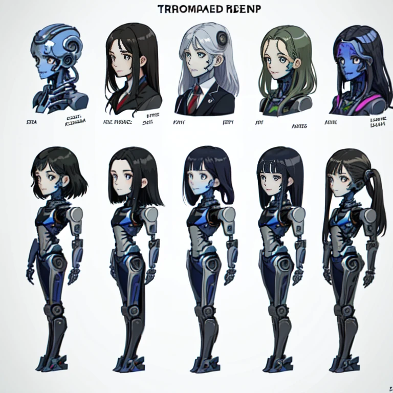 Women transformed into robots,
Masterpiece,
Full Body Shot,
Multipose,
All of their faces are beautiful human faces.,
Everyone looks the same except for their faces々The internal skeleton is visible in various colors.,
All of them have different sizes and shapes of tops and bottoms.,
Everyone has a different height and body shape,
They all have different hairstyles and hair colors,
