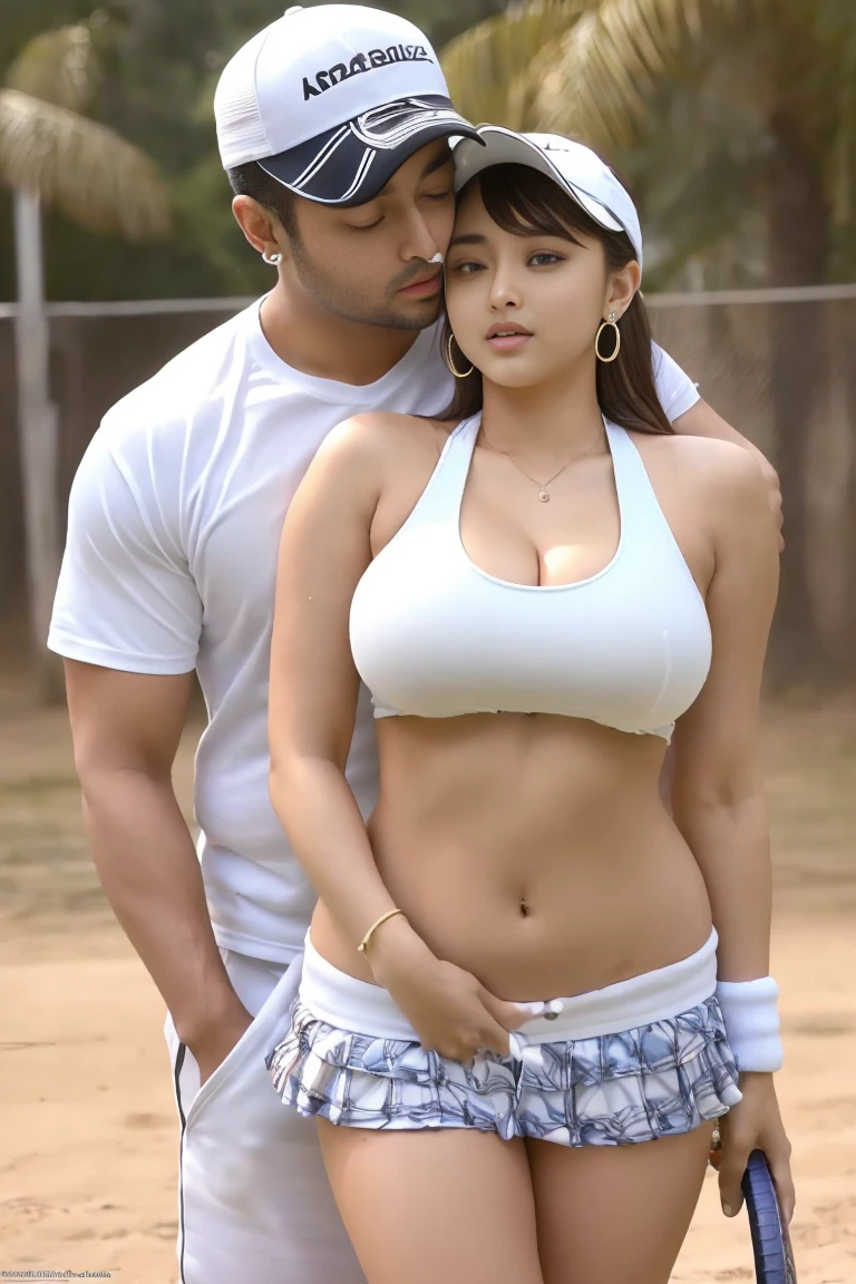 HD wallpaper 32k cinematic shoot of a Beautiful cute Pooja Hegde, with thick thighs and a curvy waist, wearing a hot white tennis costume, ((lowwaist)), ((large huge earrings)), ((posing for the camera)), ((wearing a tennis cap)), ((a man standing behind and hugging her)),((kissing a man)), ((kiss)), ((kiss on the navel))