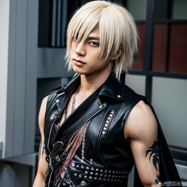1 male Japanese rocker, Asian eyes, wearing rocker clothes, hairstyle Visual Kei style, full body, hair color black and blonde, 30 years old, eye color black, muscular, broad shoulders, ultra detailed face and eyes, hyperrealistic, realistic representation.