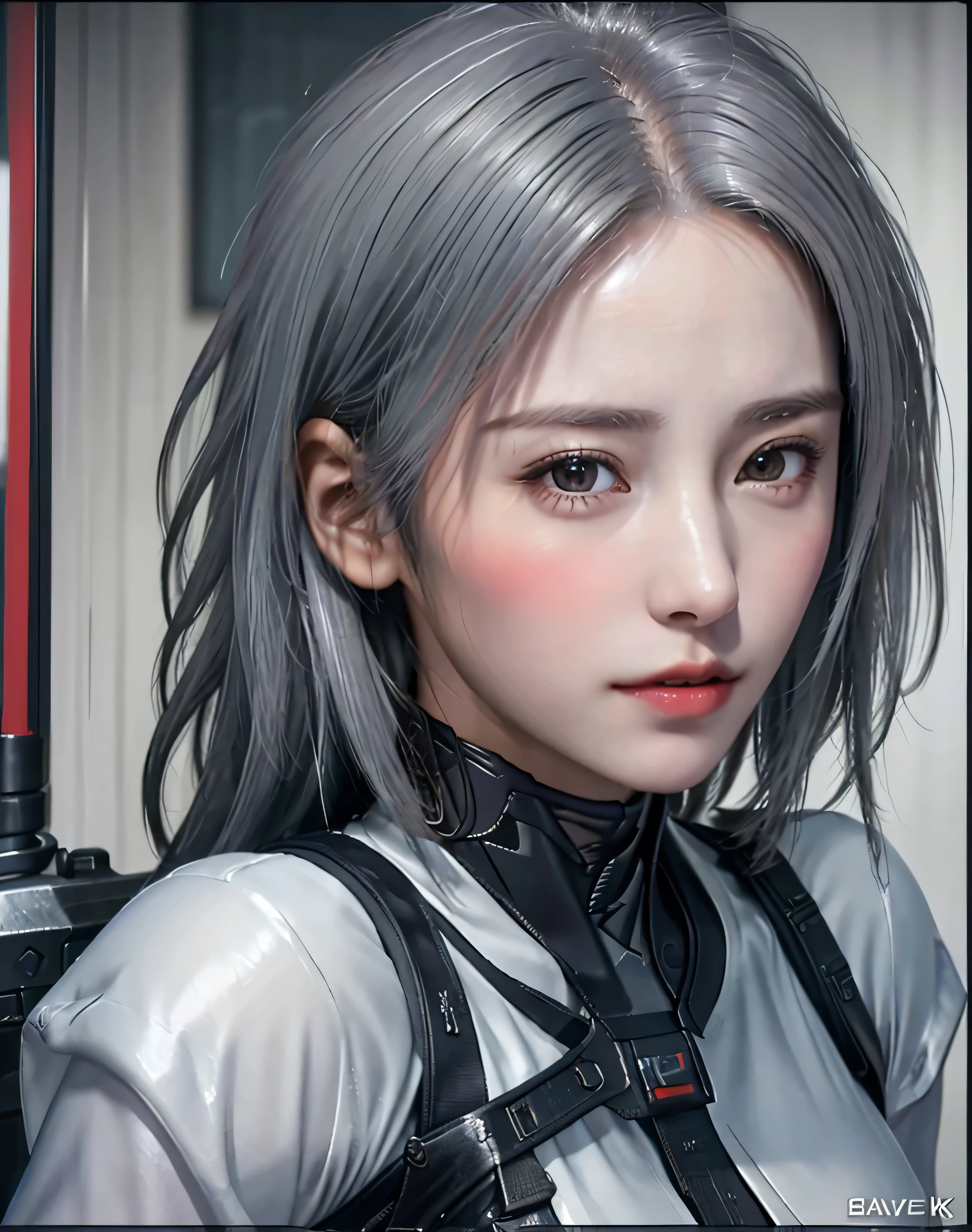 (8k, Realistic, RAW Photos:1.4, highest quality: 1.3), (One Girl), Very beautiful, (Realistic Face), (boyish, Silver color very short hair), beautiful cyberpunk suit, A brilliance that captivates the viewer, beautiful expression, beautiful breasts, Pointed nipple shape, (Realistic Skin), (Assault rifle:1.4), beautiful...